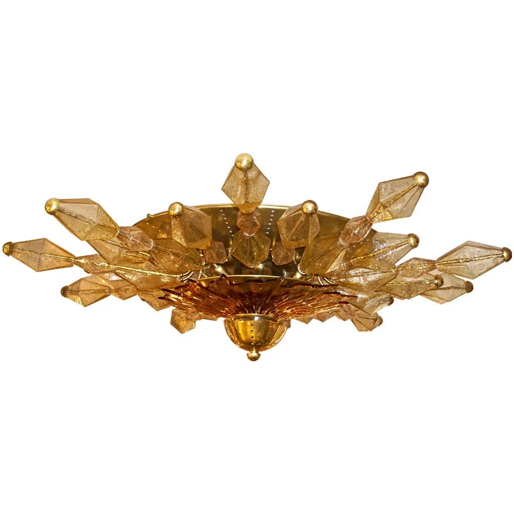 Hand-Crafted 1980s Italian Unique Gold Brass and Amber Murano Glass Sunburst Flush Mount