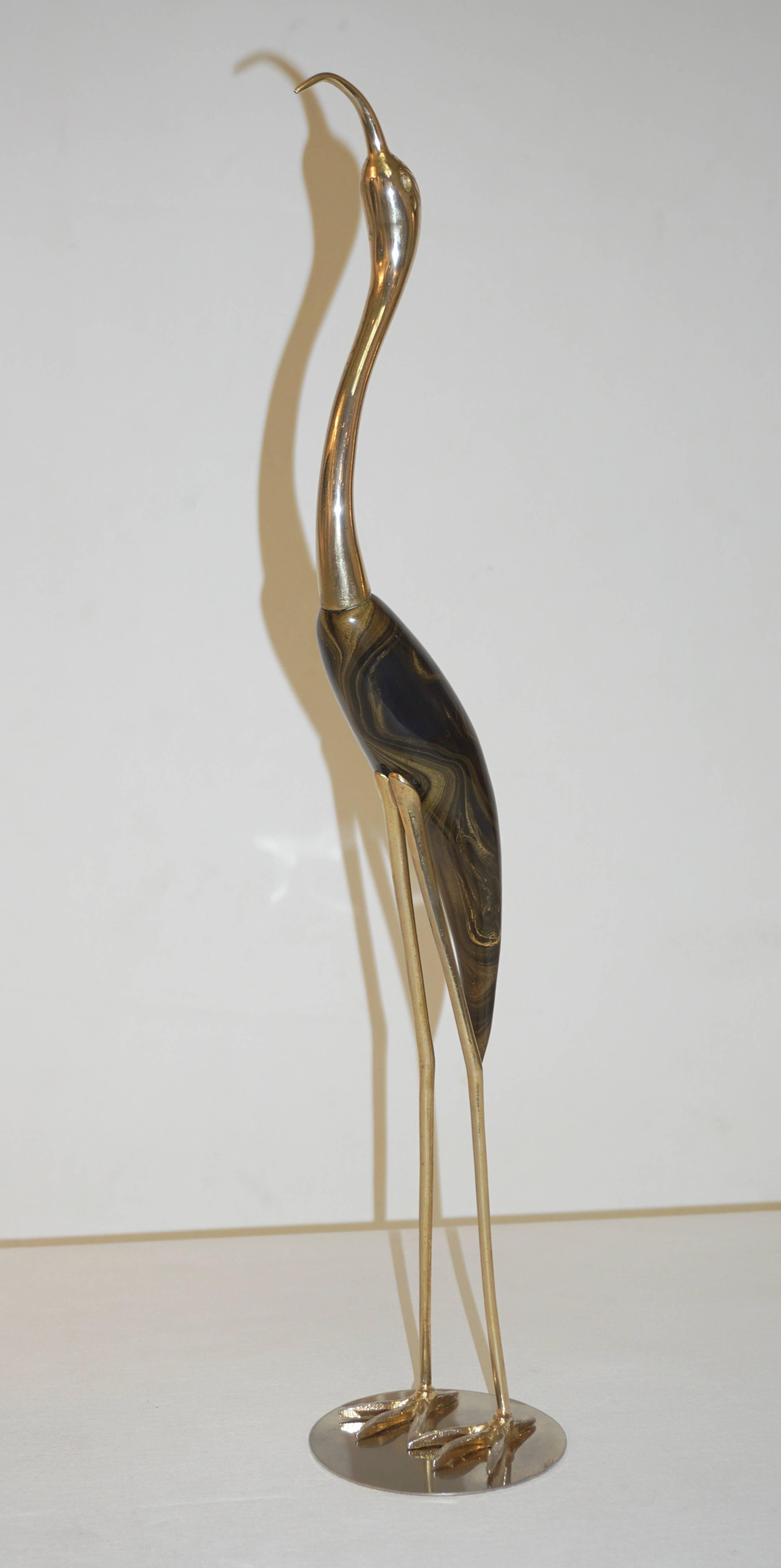 Antonio Pavia 1960 Italian Gold and Brown Enameled Brass Flamingo Bird Sculpture 1