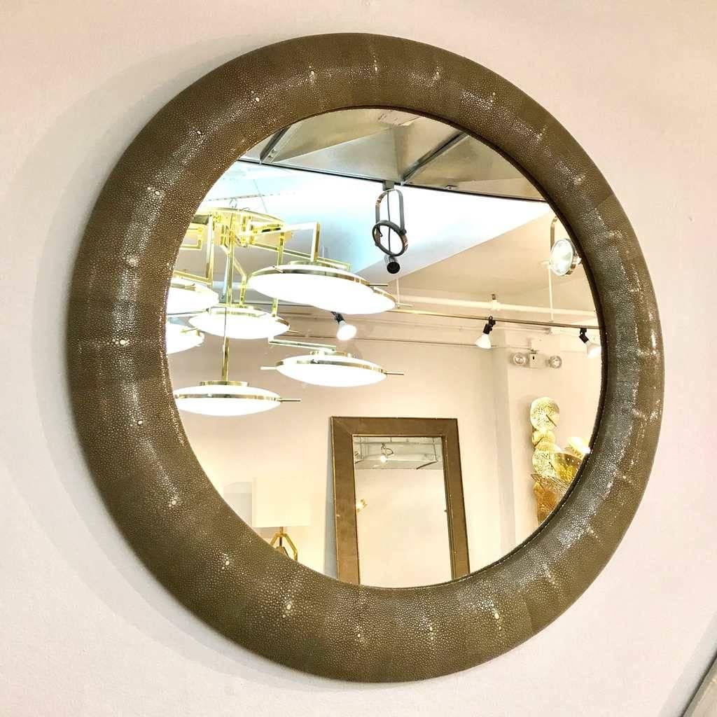 Modern Italian Contemporary Round Mirror in Light Taupe Gray Shagreen