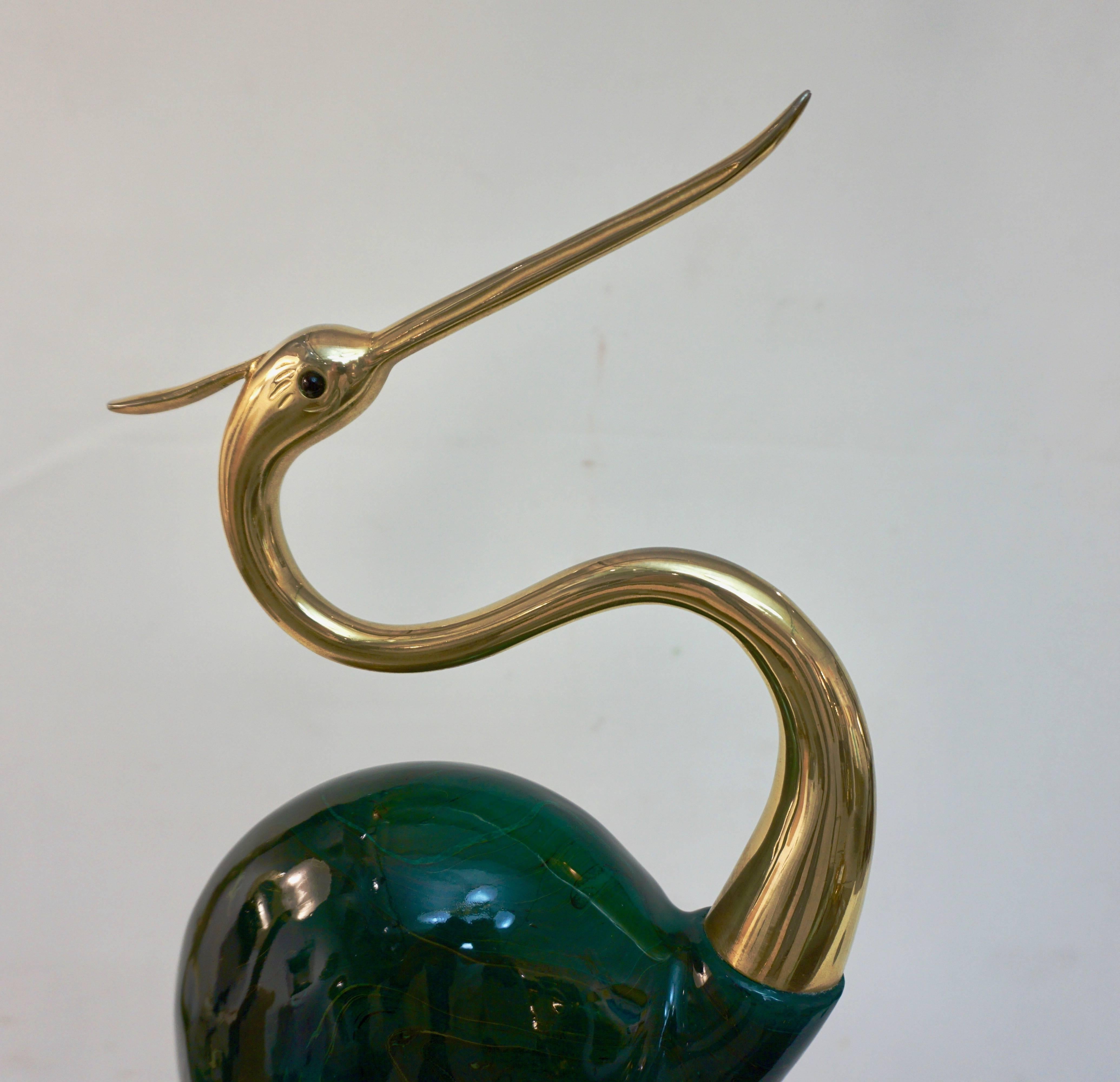 Alessandro Petti 1960s Italian Brass and Green Enameled Flamingo Bird Sculpture In Excellent Condition In New York, NY