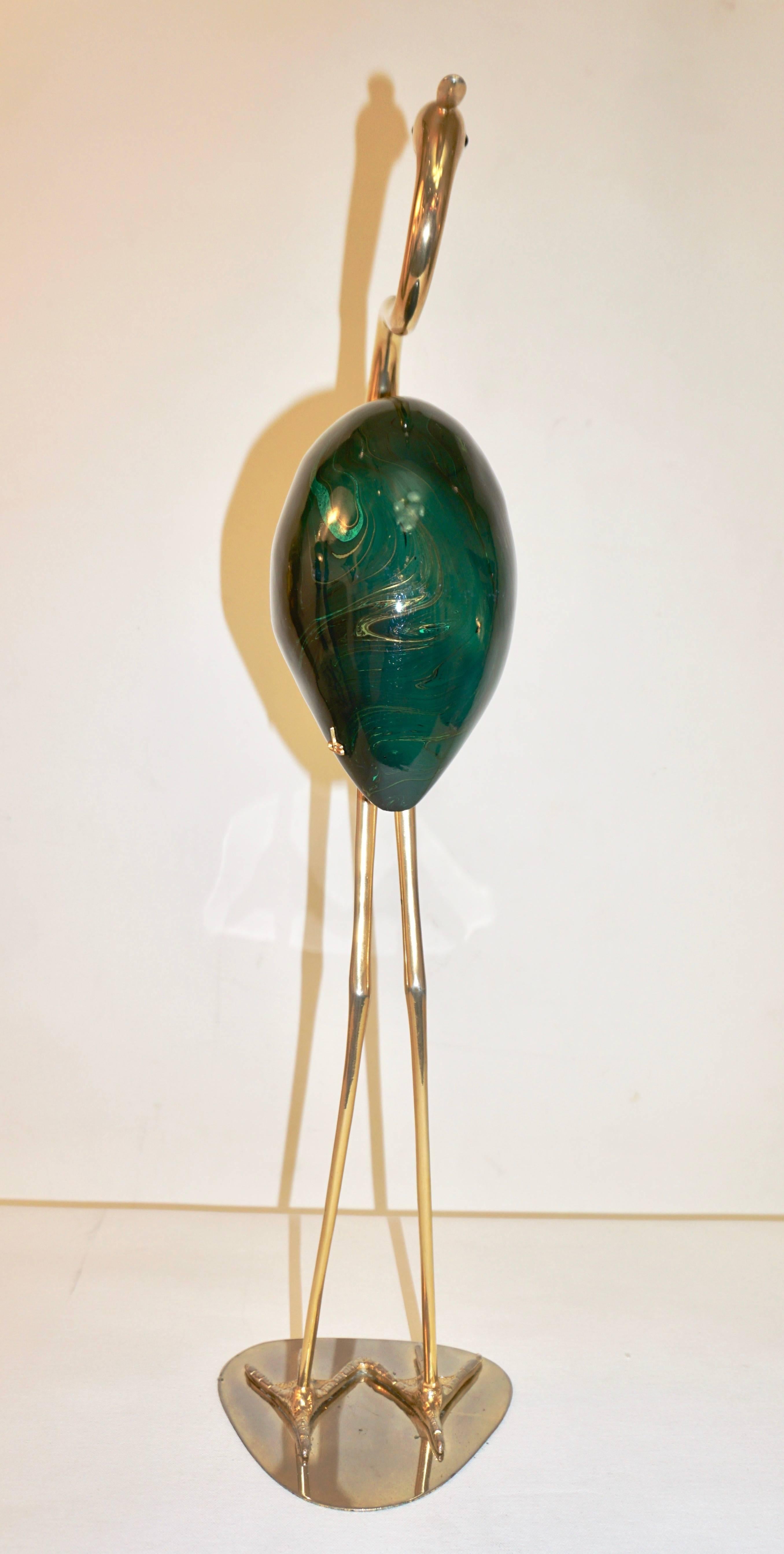 Organic Modern Alessandro Petti 1960s Italian Brass and Green Enameled Flamingo Bird Sculpture