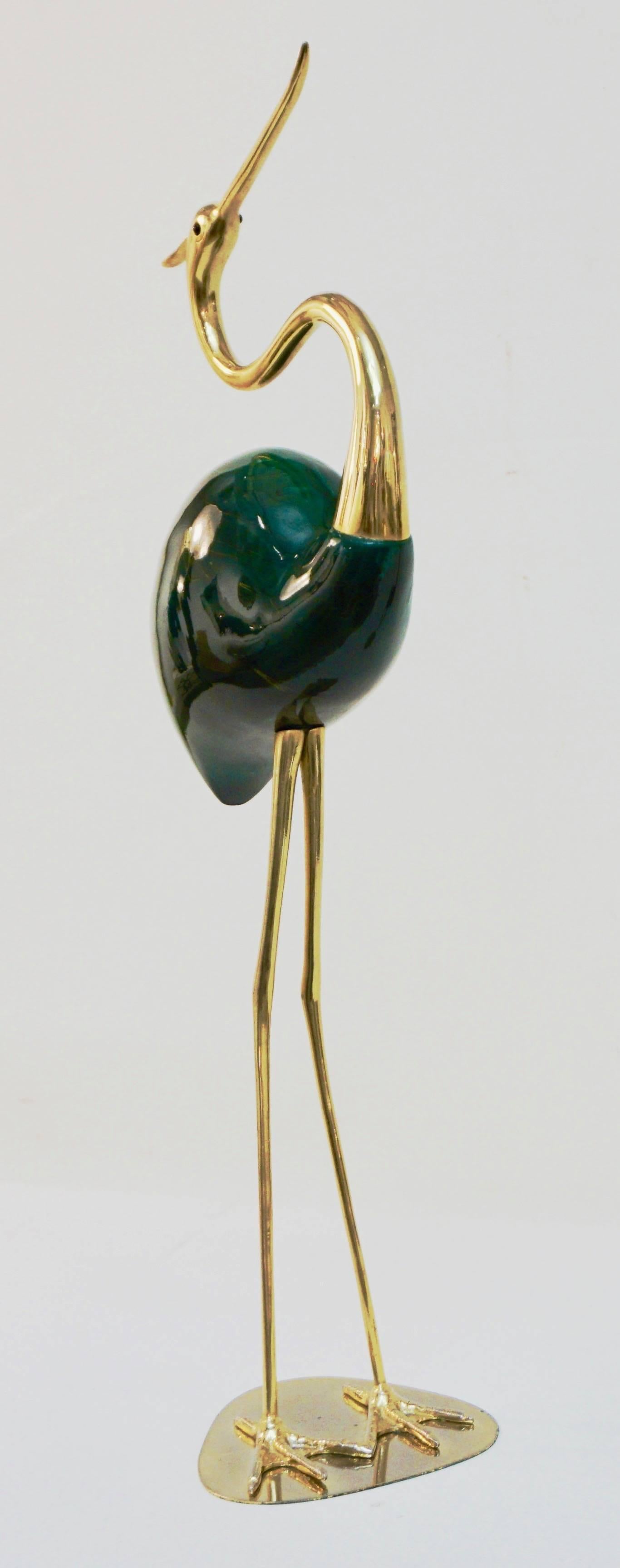 Hand-Carved Alessandro Petti 1960s Italian Brass and Green Enameled Flamingo Bird Sculpture