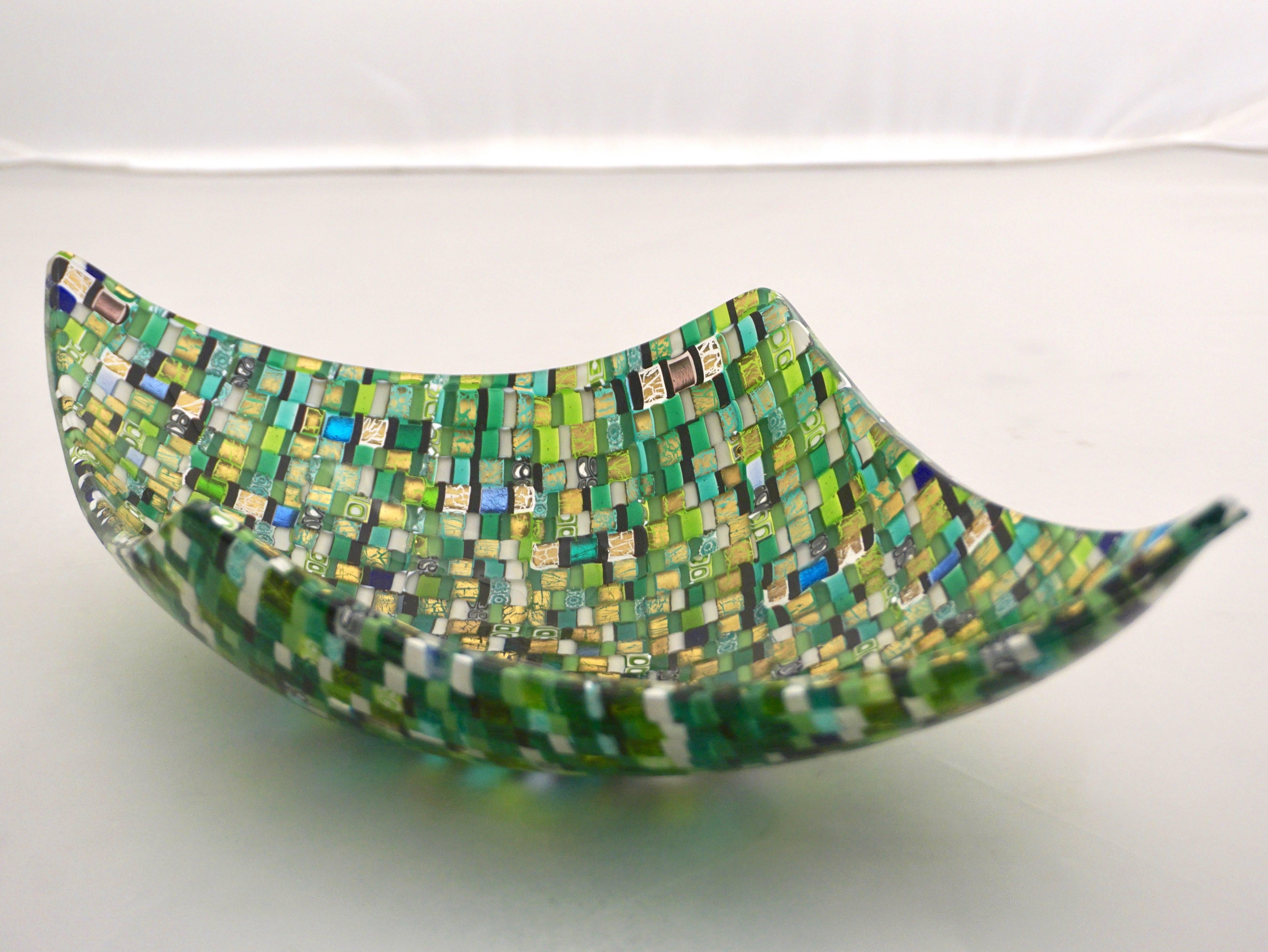 Organic Modern Modern Italian Jewel-Like Green Yellow & 24Kt Gold Murano Art Glass Mosaic Bowl For Sale