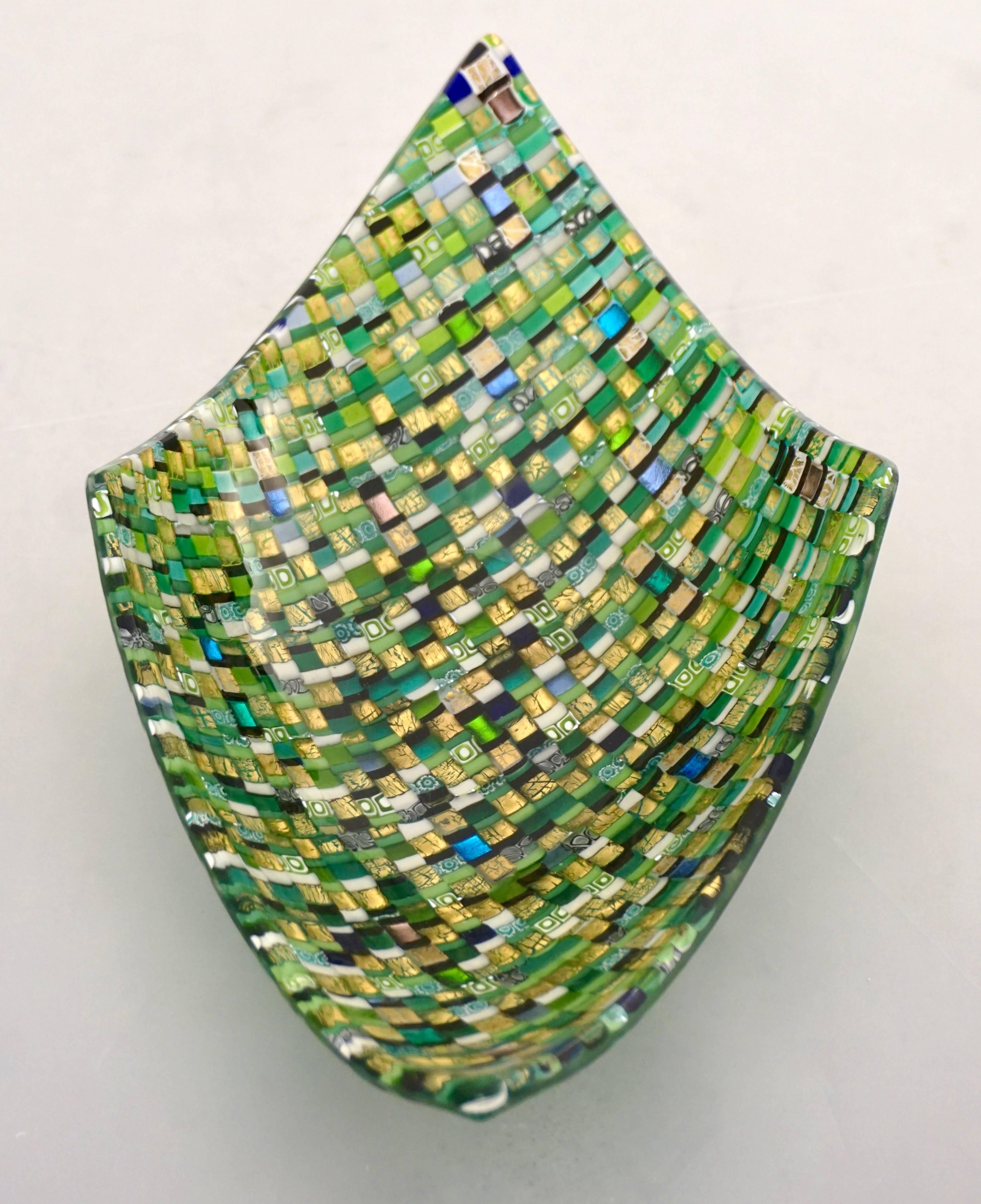 Gold Leaf Modern Italian Jewel-Like Green Yellow & 24Kt Gold Murano Art Glass Mosaic Bowl For Sale