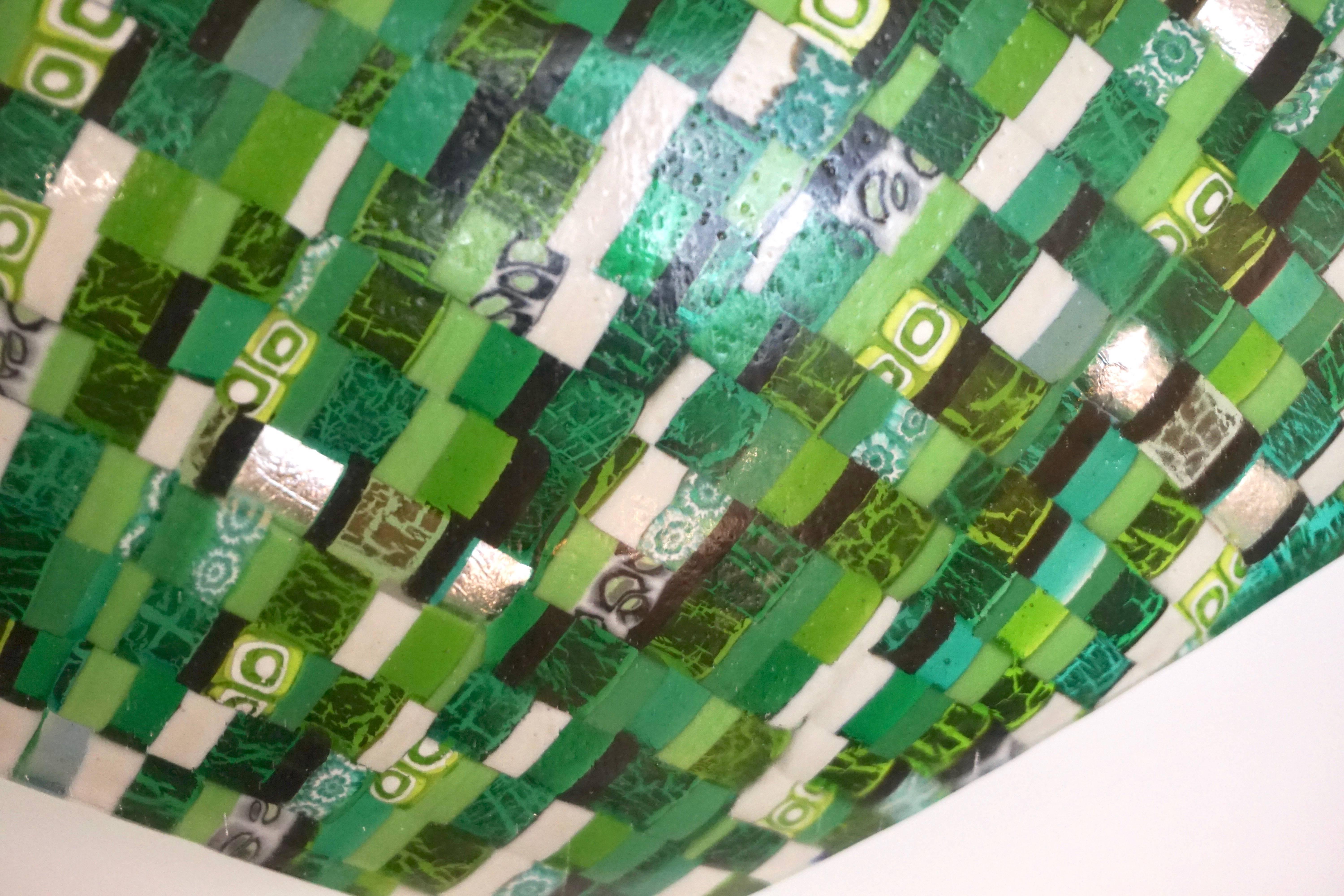 Hand-Crafted Modern Italian Jewel-Like Green Yellow & 24Kt Gold Murano Art Glass Mosaic Bowl For Sale