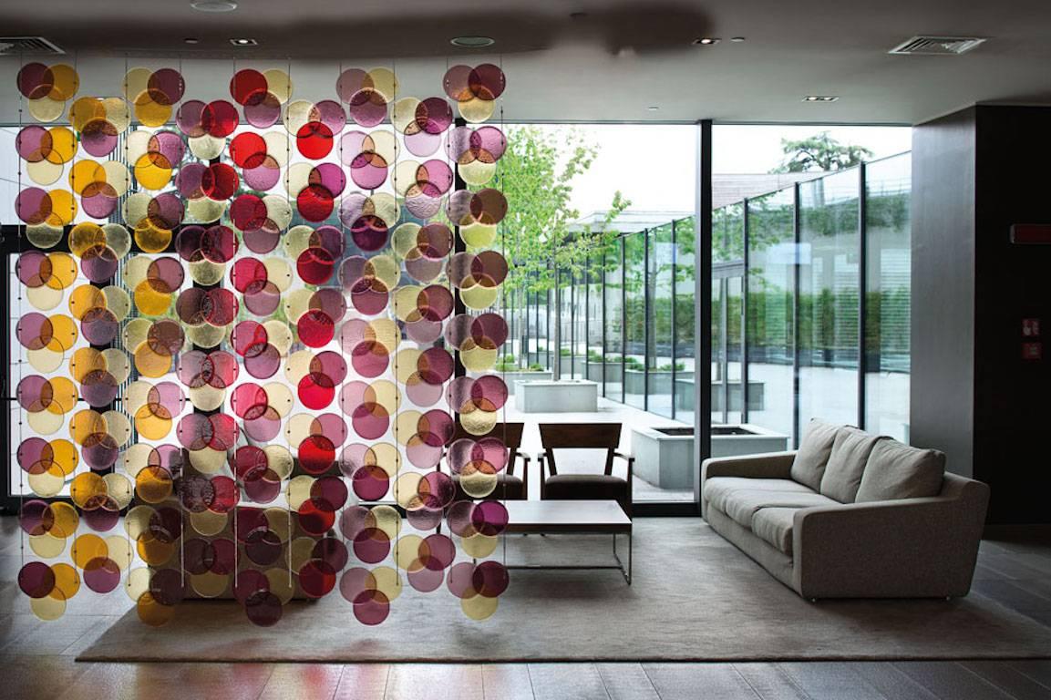 This customizable Murano glass curtain in black, amethyst, clear, gray and aqua tints worked with avventurina, a contemporary work of art as a very decorative solution for a screen or room divider, is composed of geometric elements that can also be