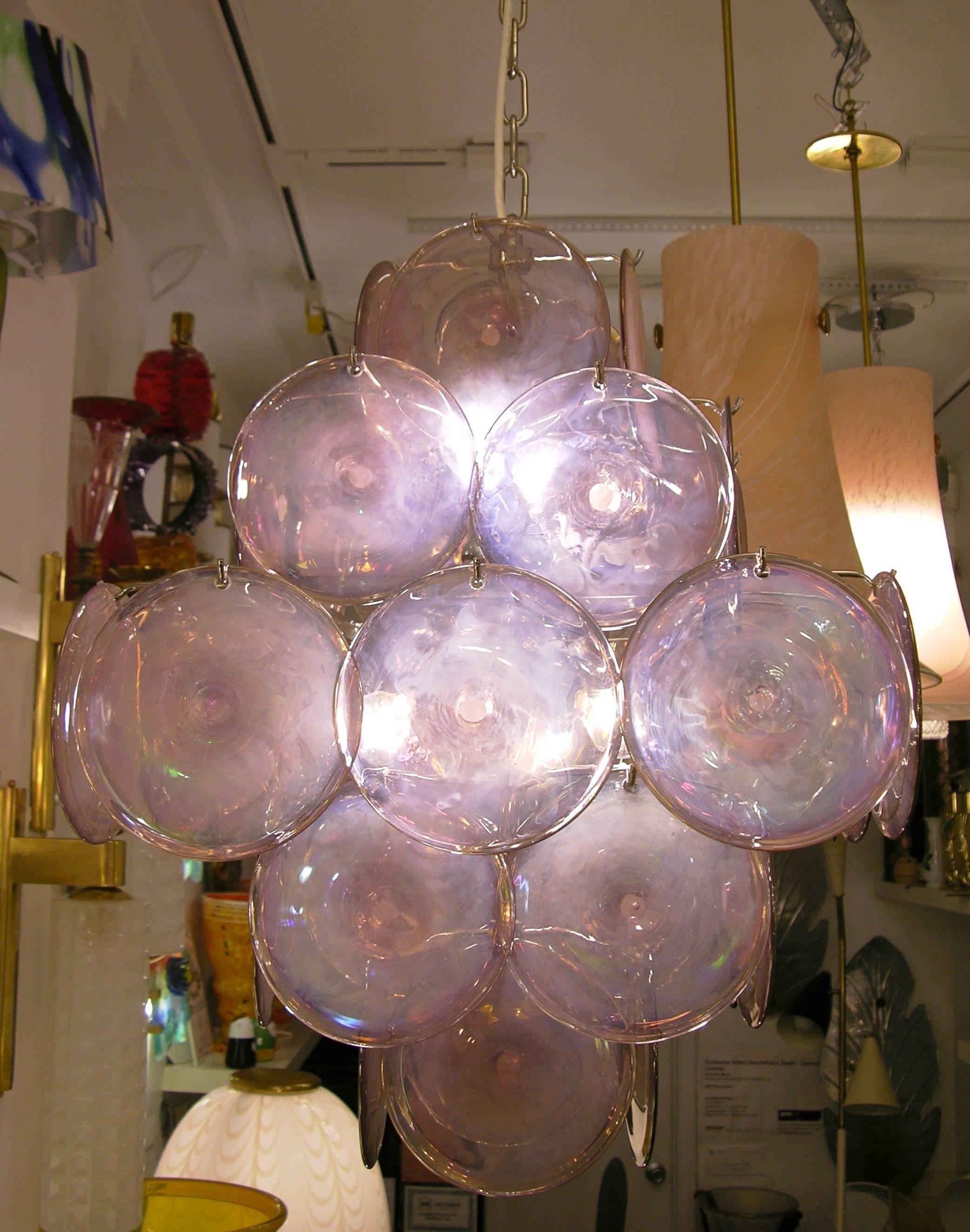 Vistosi 1970s Art Deco Iridescent Pink Amethyst Murano Glass 5-Tier Chandelier 1