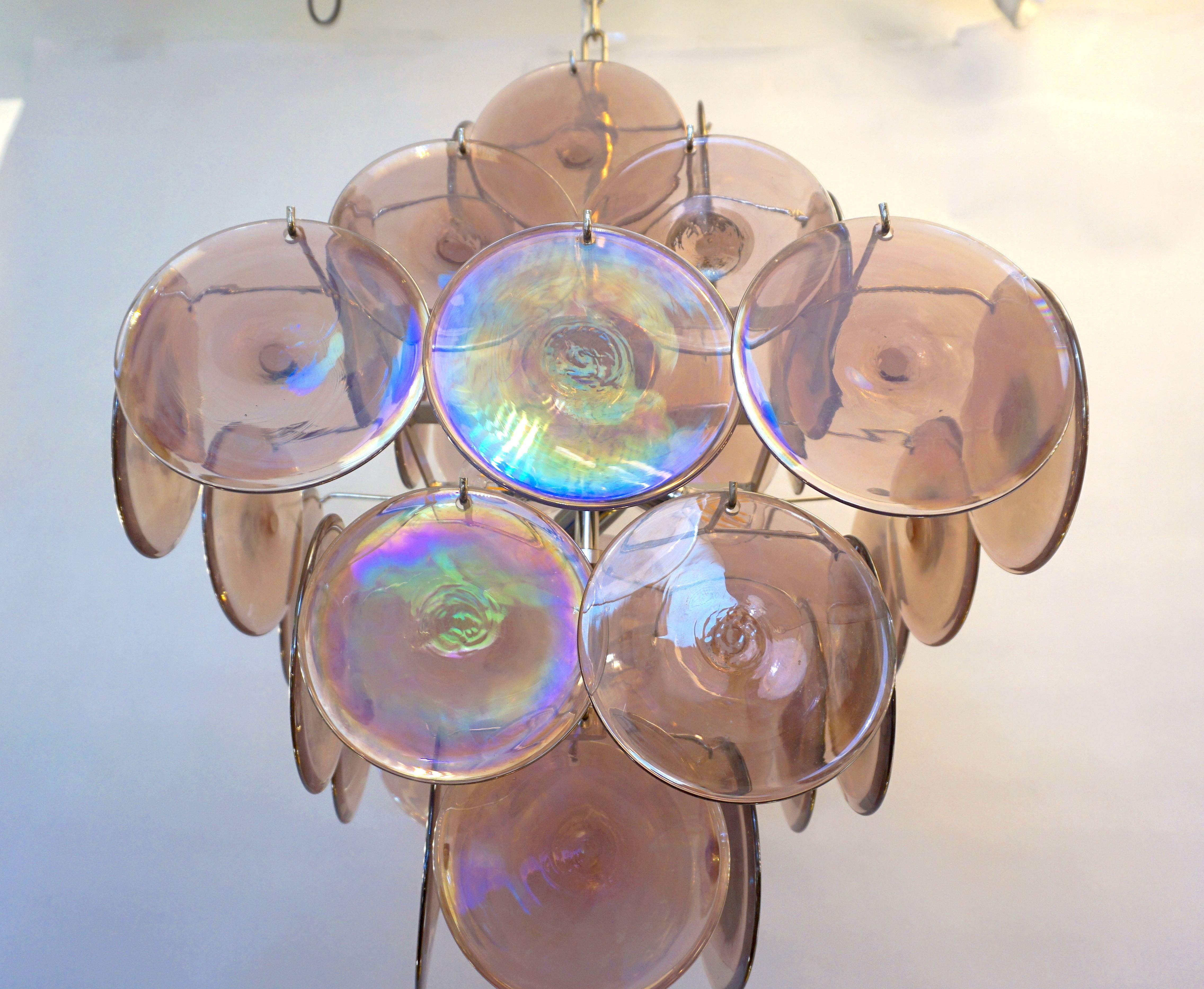 Organic Modern Vistosi 1970s Art Deco Iridescent Pink Amethyst Murano Glass 5-Tier Chandelier