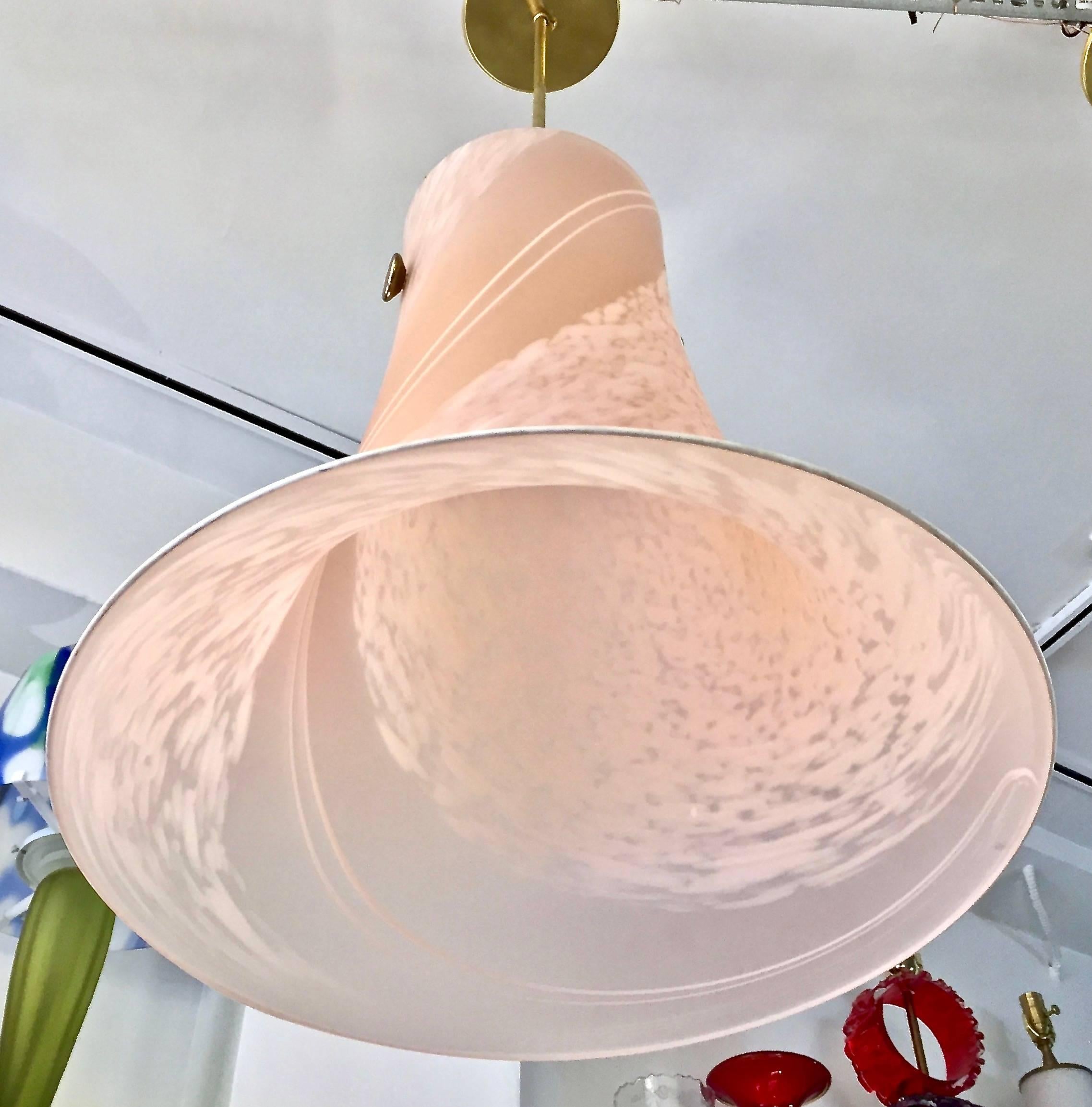 1960s, Italian Pair of Pink Rose White Murano Glass Flared Pendants Lamps 2