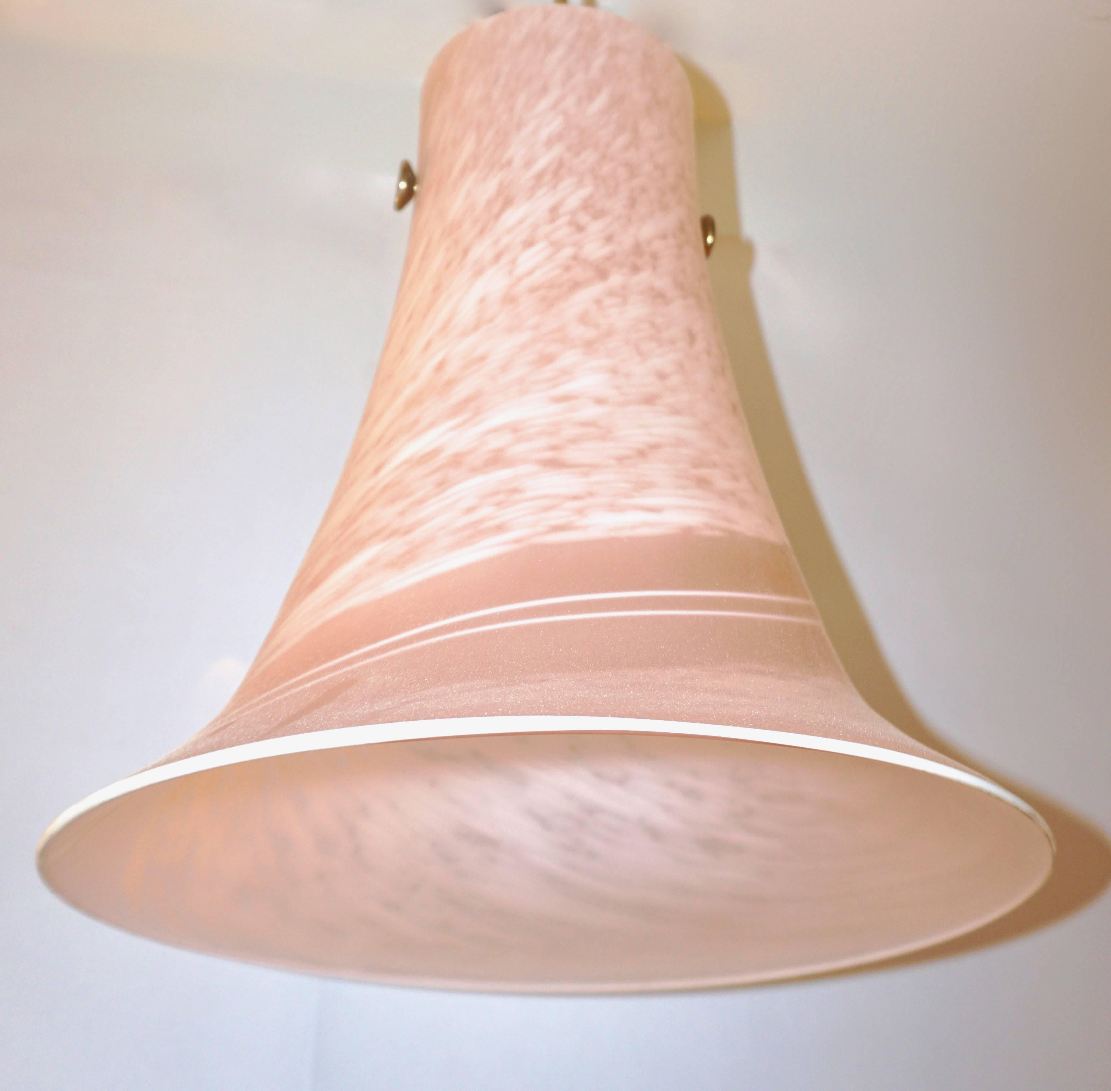 Blown Glass 1960s, Italian Pair of Pink Rose White Murano Glass Flared Pendants Lamps
