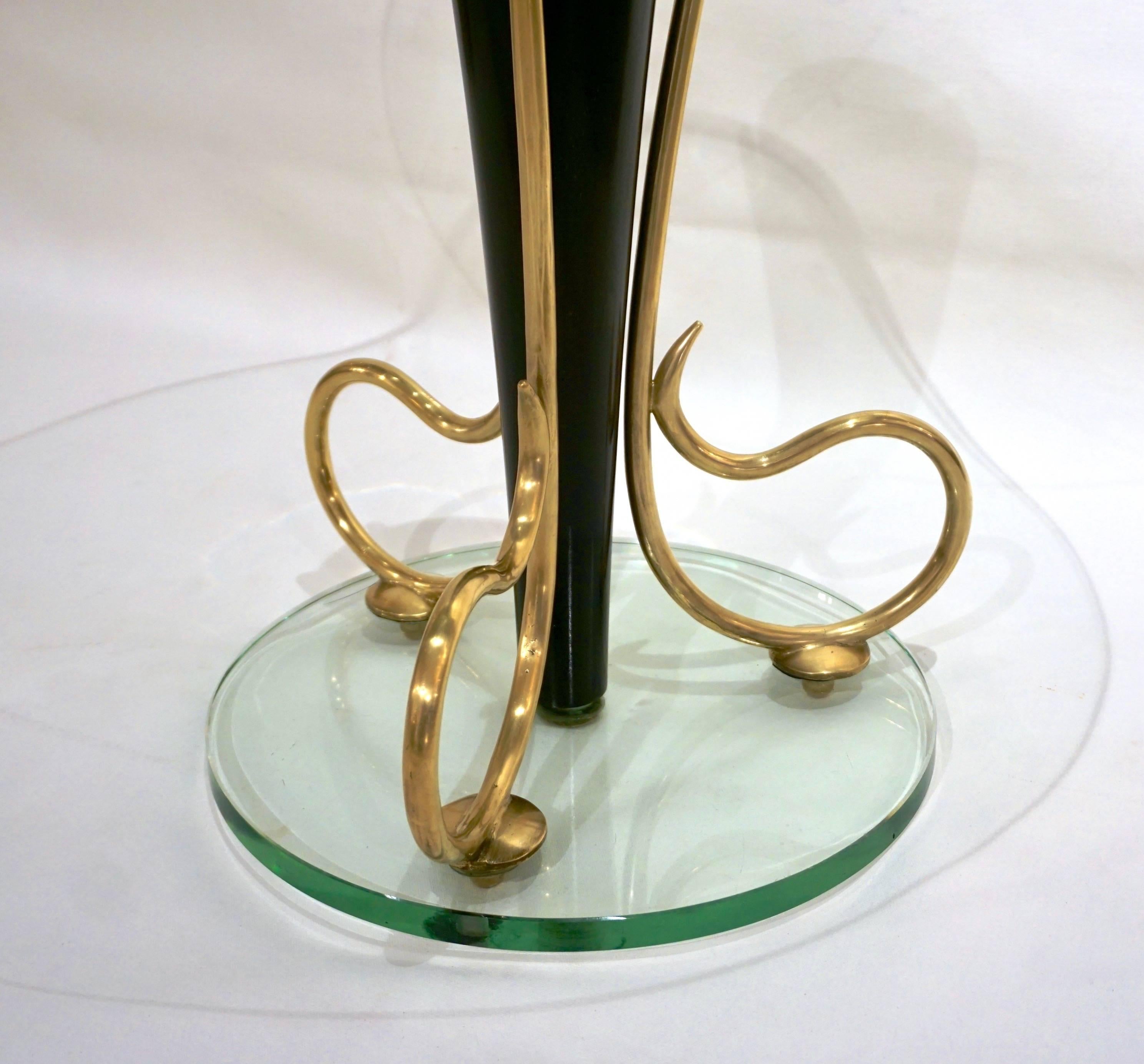 Beveled 1950s Italian Round Side Table with Black Lacquered Metal and Brass Scroll Decor