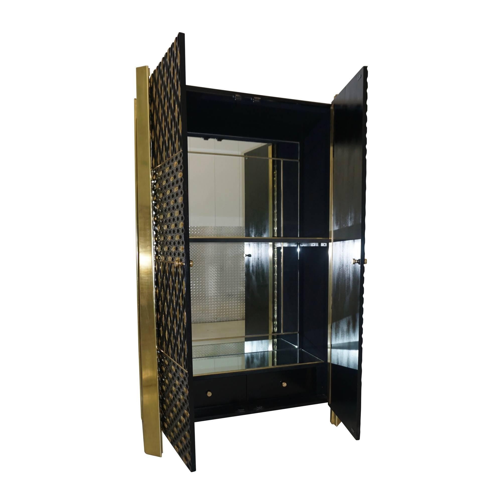 Modern 1980s Unique Italian Black Lacquered and Gold Brass Tapered Cabinet Bar