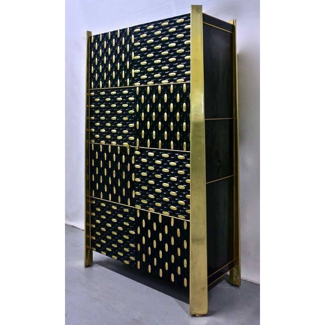1980s Unique Italian Black Lacquered and Gold Brass Tapered Cabinet Bar 4