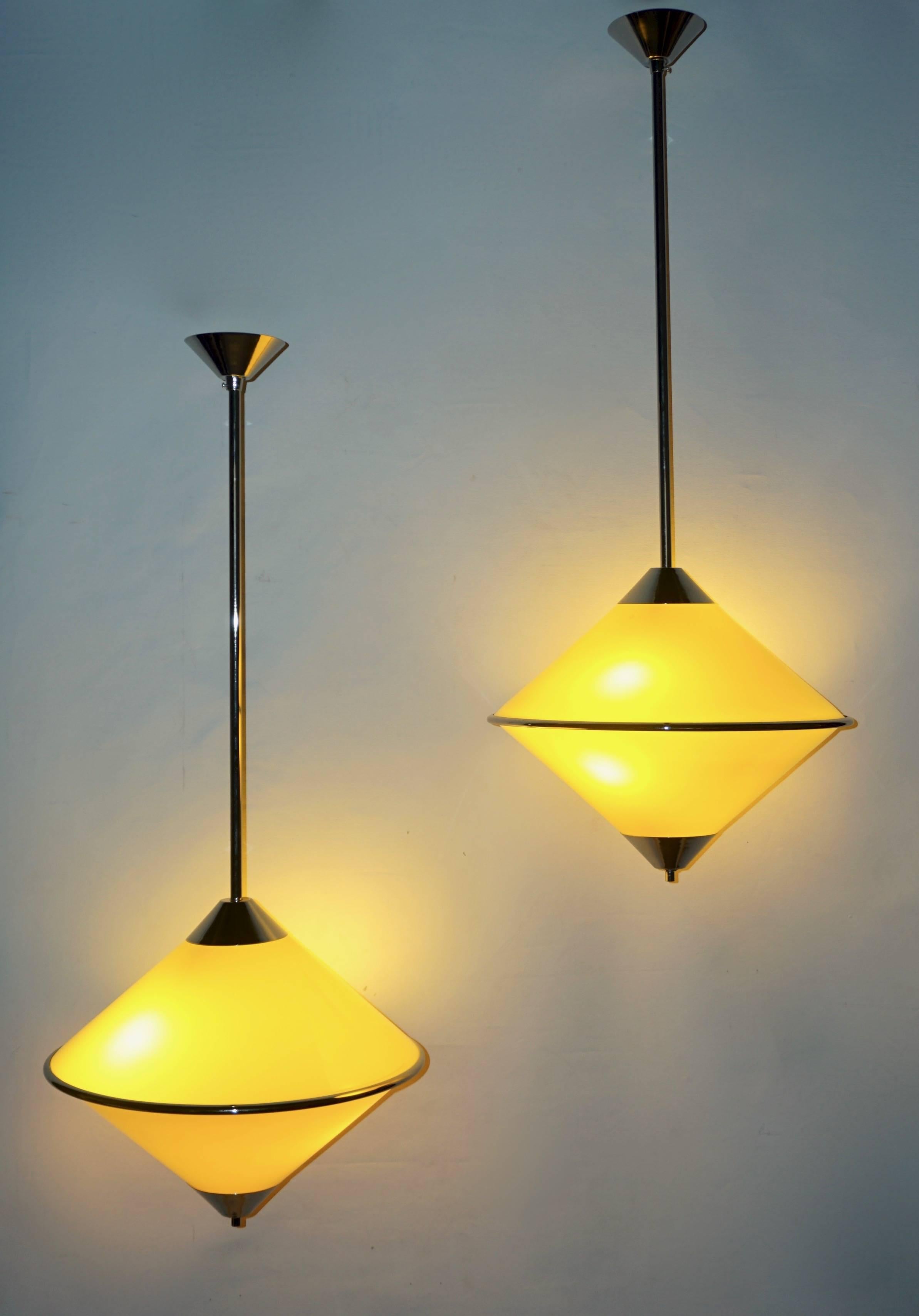 Hand-Crafted Toso 1970s Italian Chrome and Yellow Murano Glass Cone Pendants/Lanterns