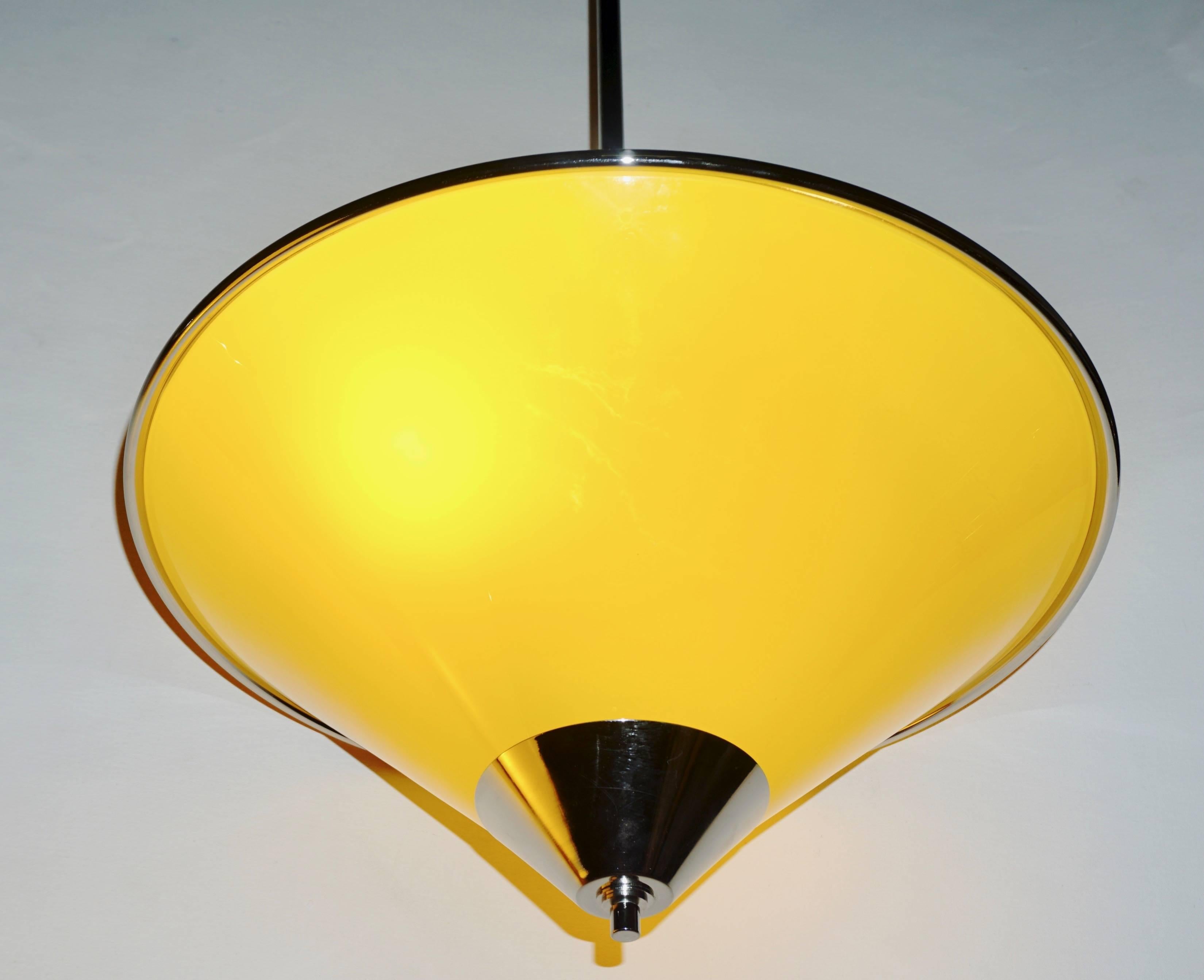 Metal Toso 1970s Italian Chrome and Yellow Murano Glass Cone Pendants/Lanterns