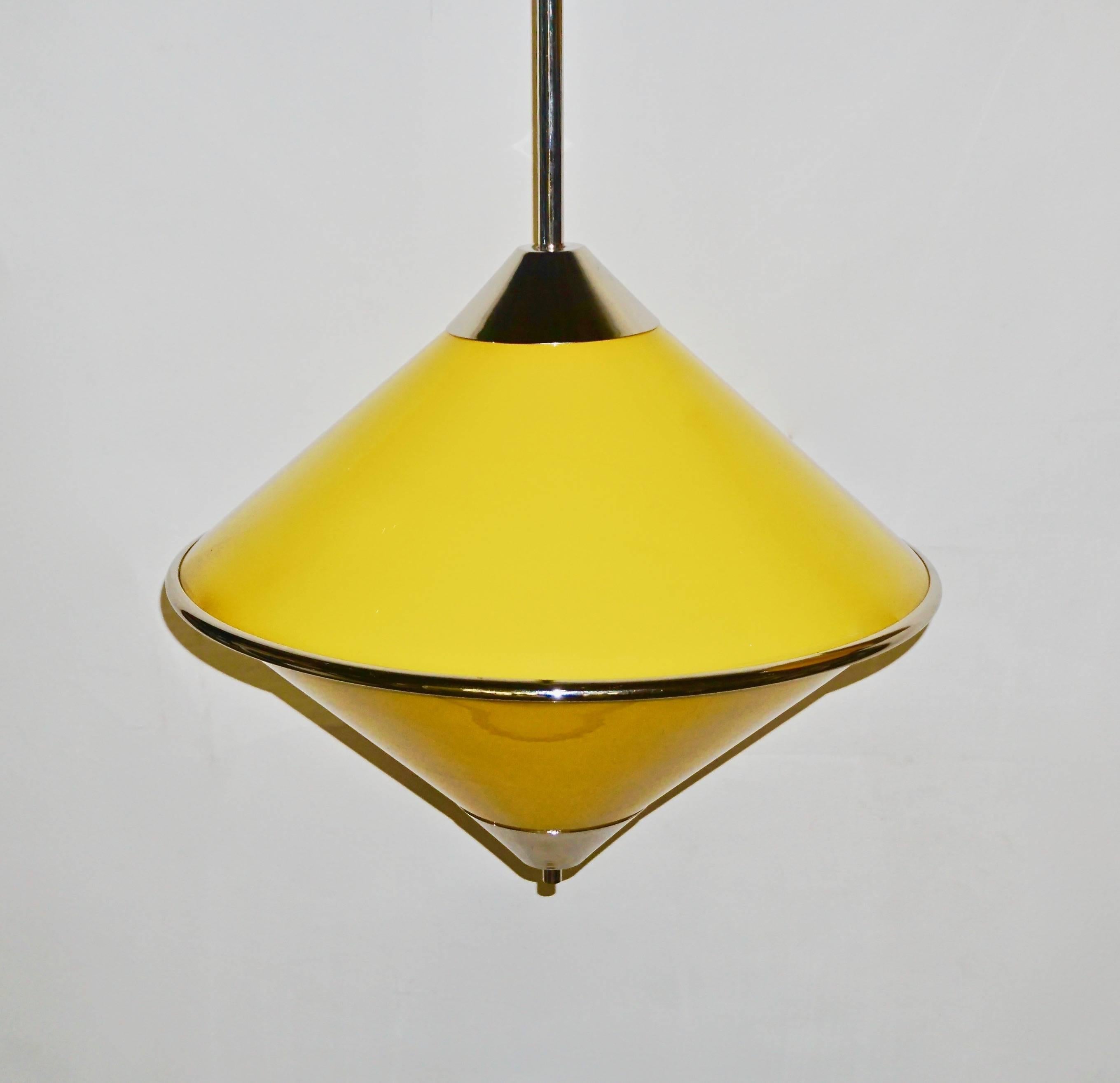 Late 20th Century Toso 1970s Italian Chrome and Yellow Murano Glass Cone Pendants/Lanterns