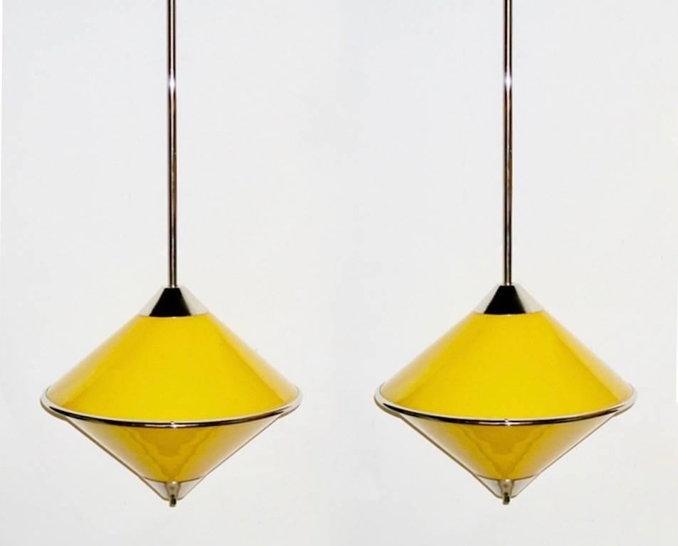 Mid-Century Modern Toso 1970s Italian Chrome and Yellow Murano Glass Cone Pendants/Lanterns