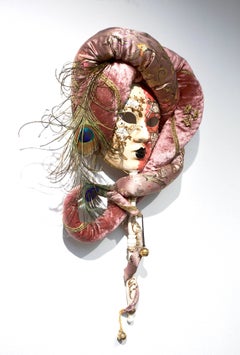 Venetian Handmade Pink Rose Fabric Turban Mask with Handle and Feathers