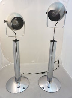 Italian 1960 Vintage Adjustable Nickel Globe Spotlight Table Lamps on Round Base