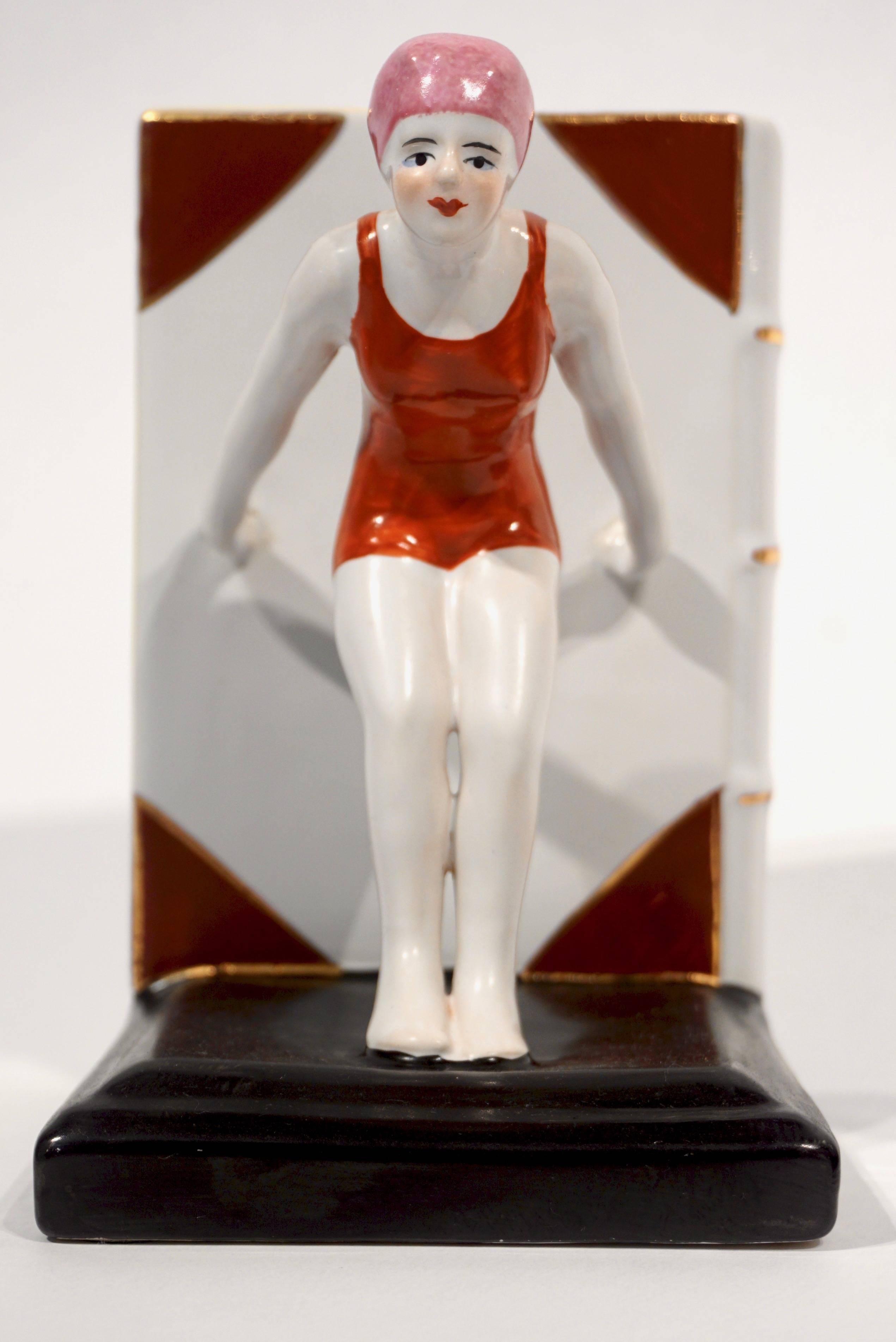 Italian 1930 Art Deco Ceramic Female Diving Figure in Red Bathing Suit Bookends In Excellent Condition In New York, NY