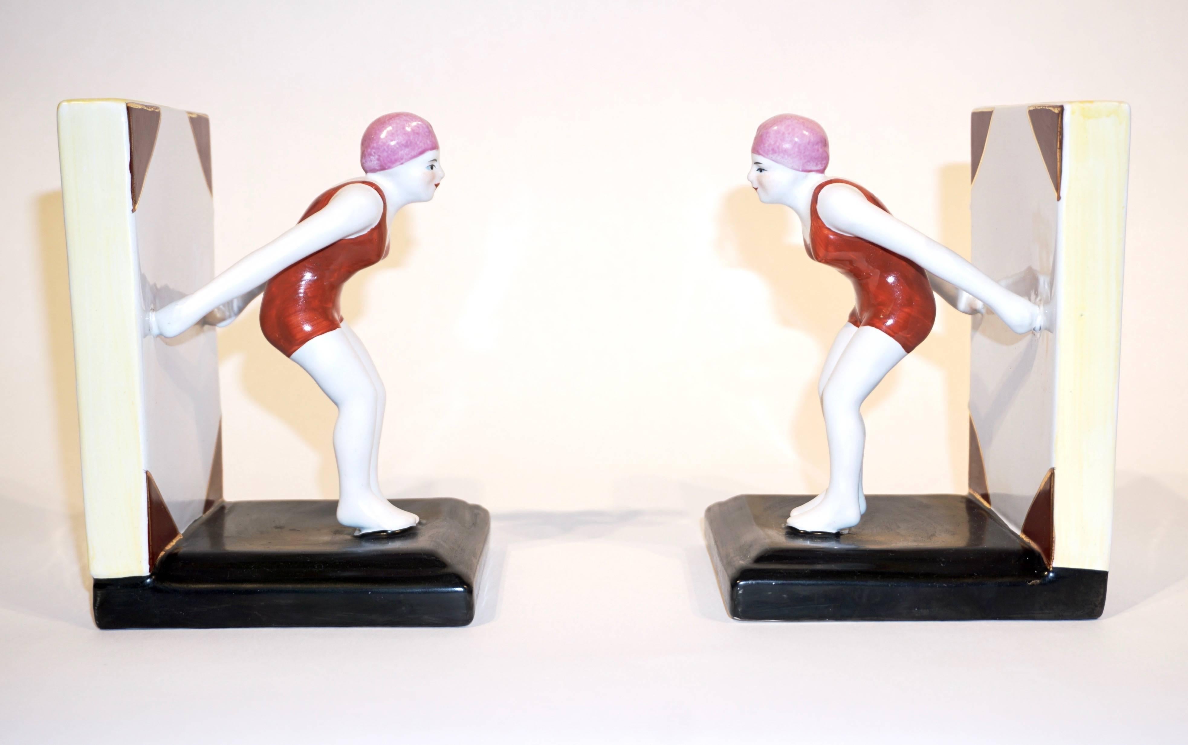 Italian 1930 Art Deco Ceramic Female Diving Figure in Red Bathing Suit Bookends 2