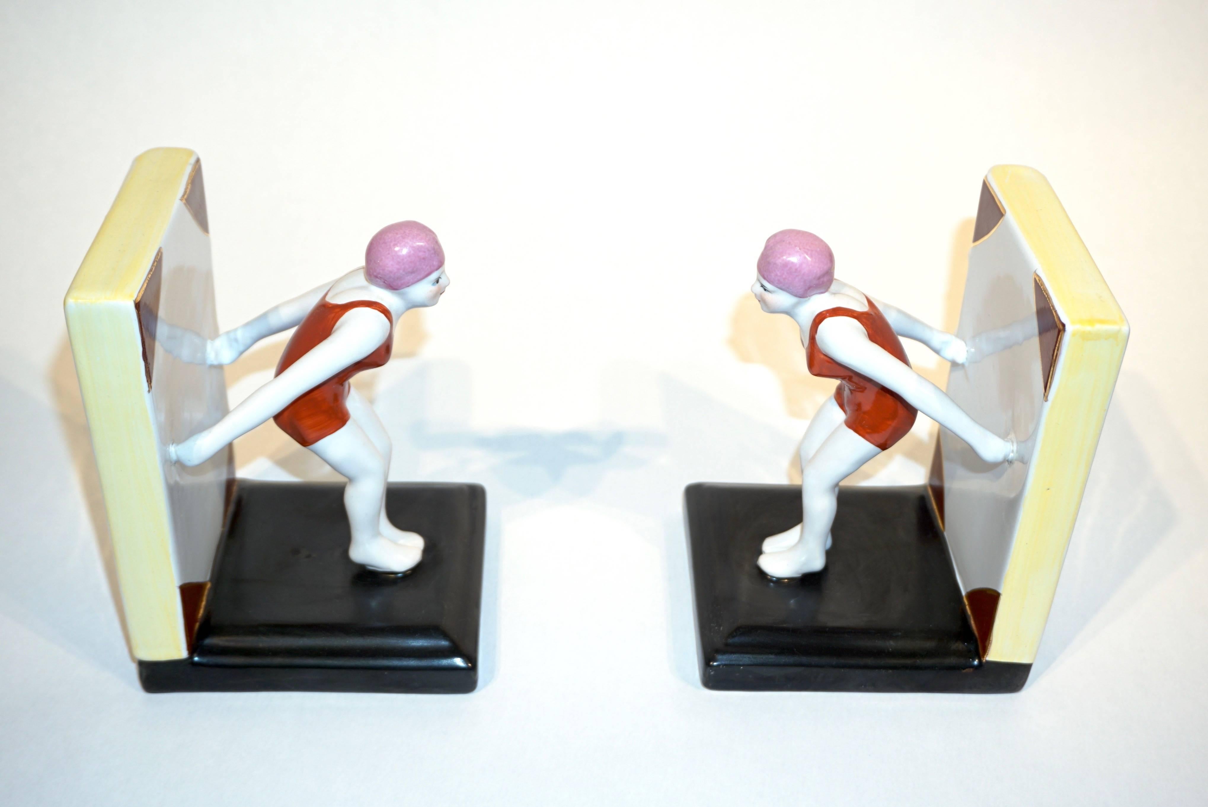 Italian 1930 Art Deco Ceramic Female Diving Figure in Red Bathing Suit Bookends 3