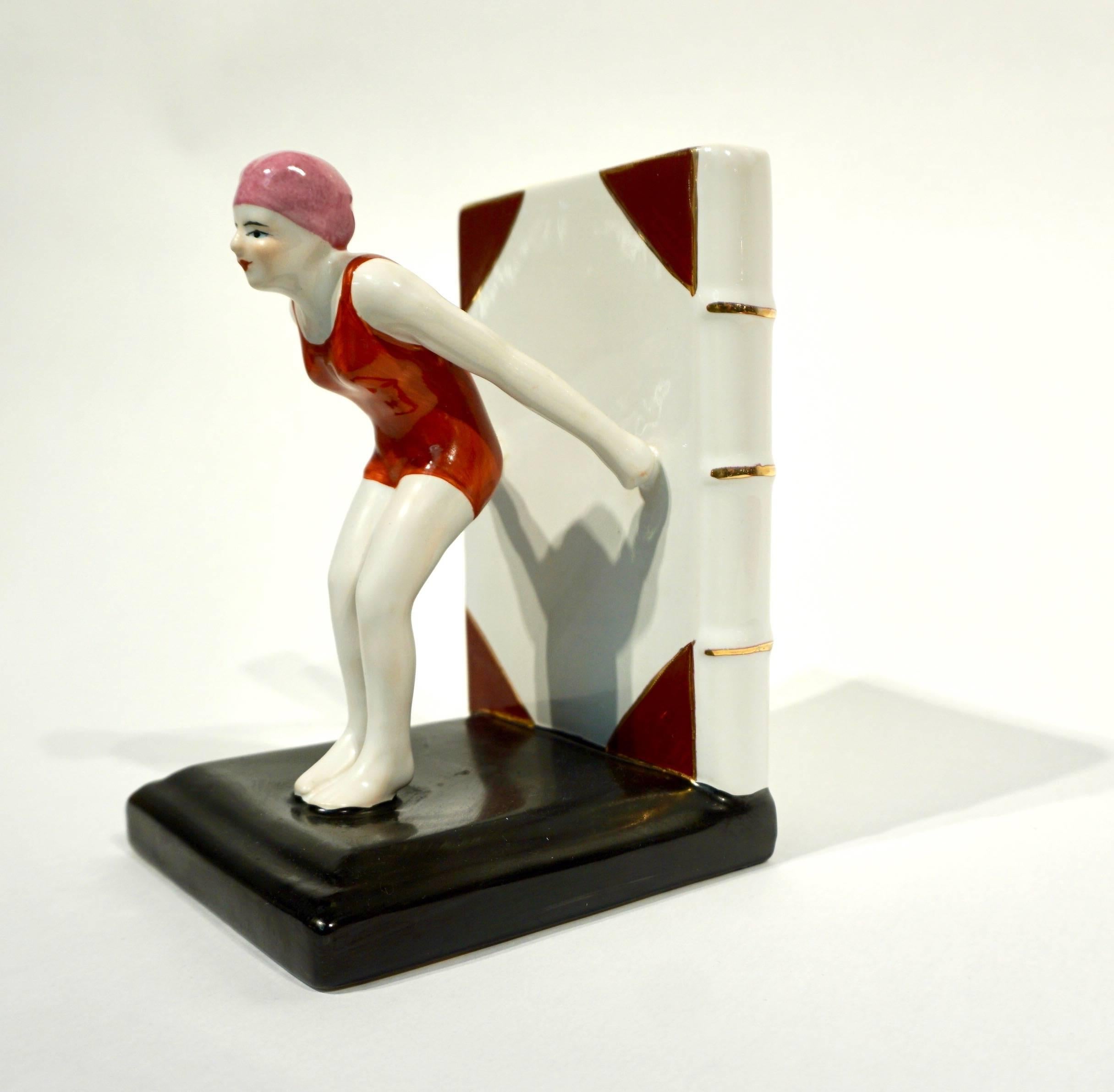 Hand-Painted Italian 1930 Art Deco Ceramic Female Diving Figure in Red Bathing Suit Bookends