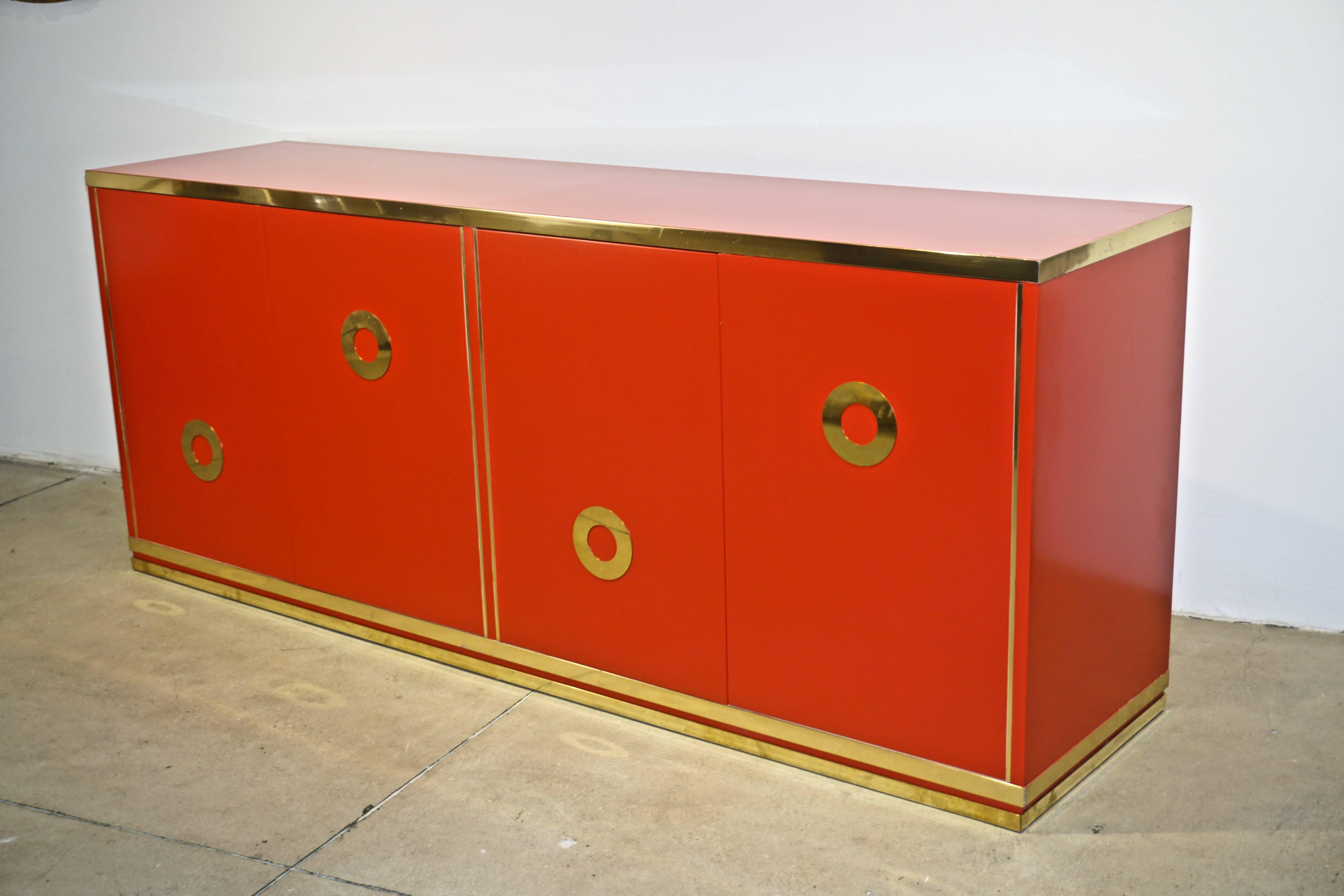 Late 20th Century Italian 1970s Chinese Red Lacquered and Brass Asian Style Sideboard / Credenza