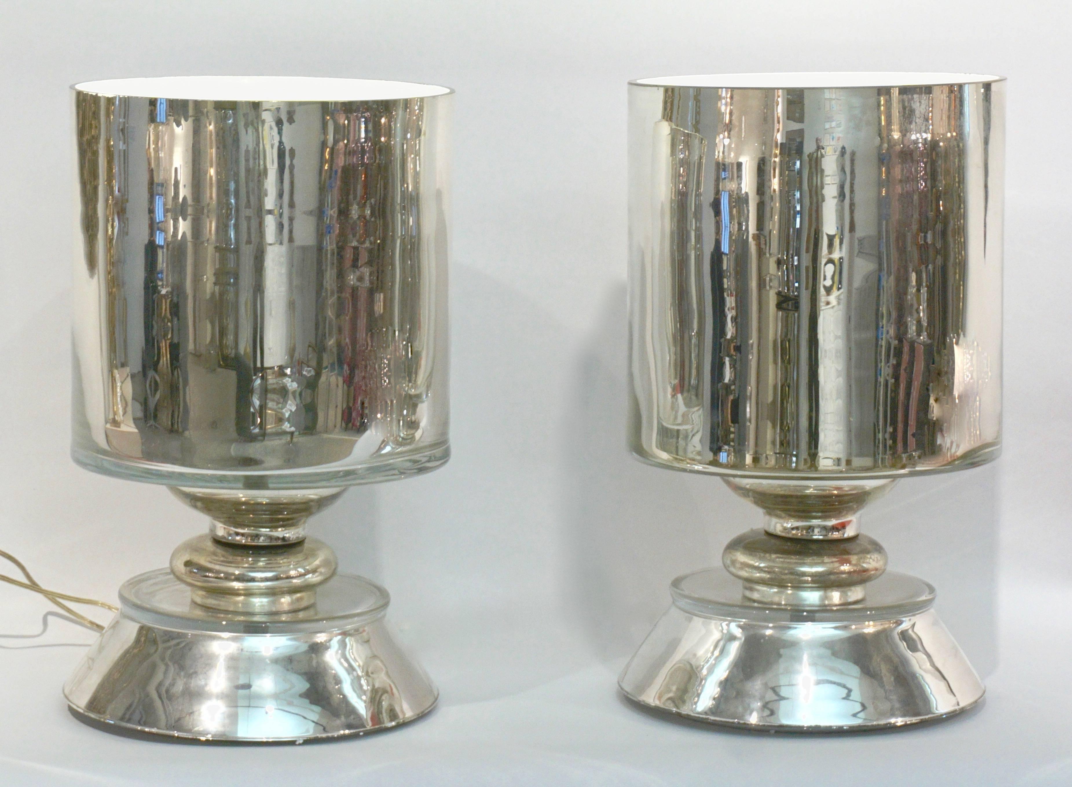 Mid-Century Modern Salir 1970s, Italian Silver Leaf Pair of Mirrored Murano Glass Round Table Lamps