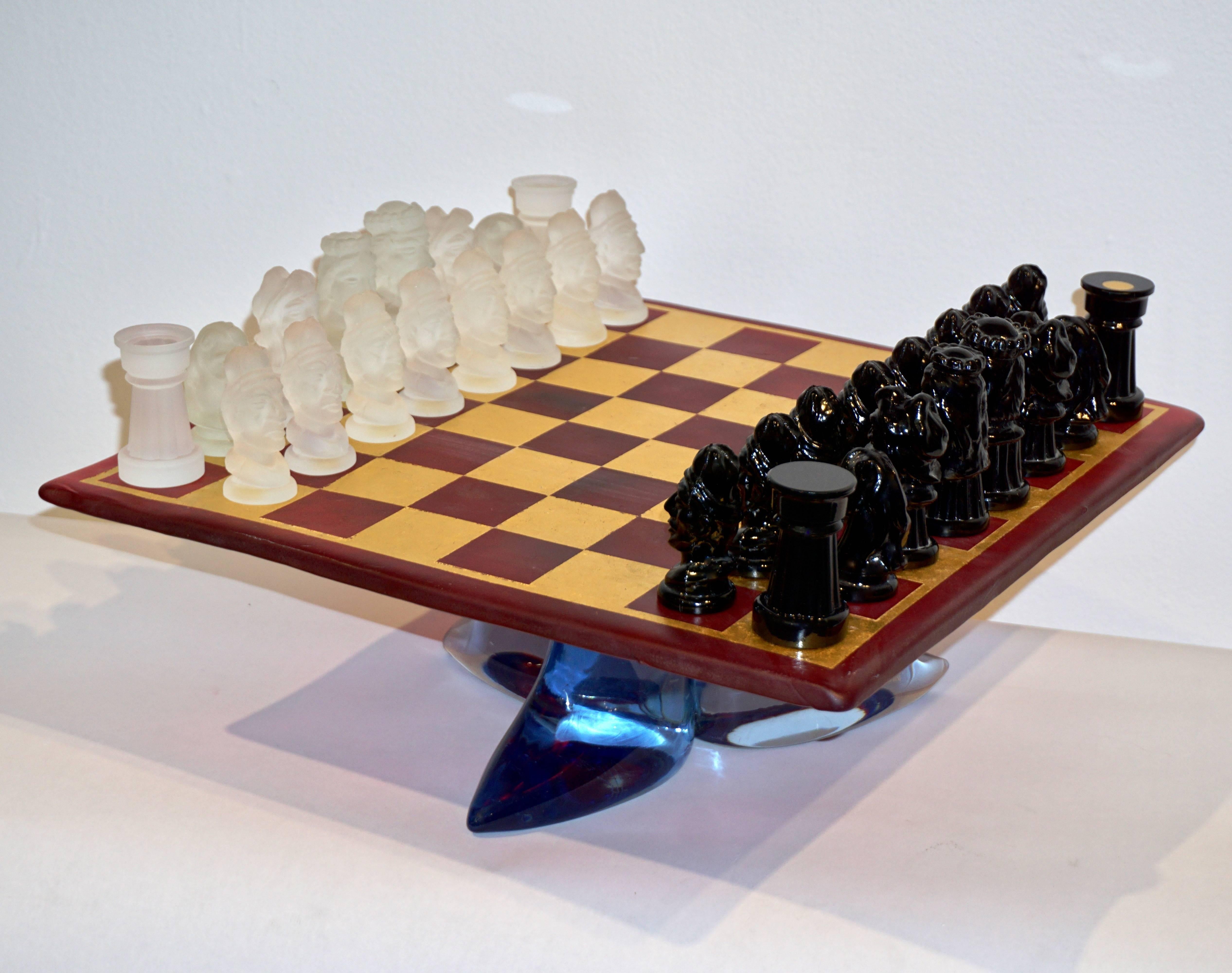 Blown Glass 1980s Nason & Toso White and Black Murano Glass Chess Set on Red and Gold Board
