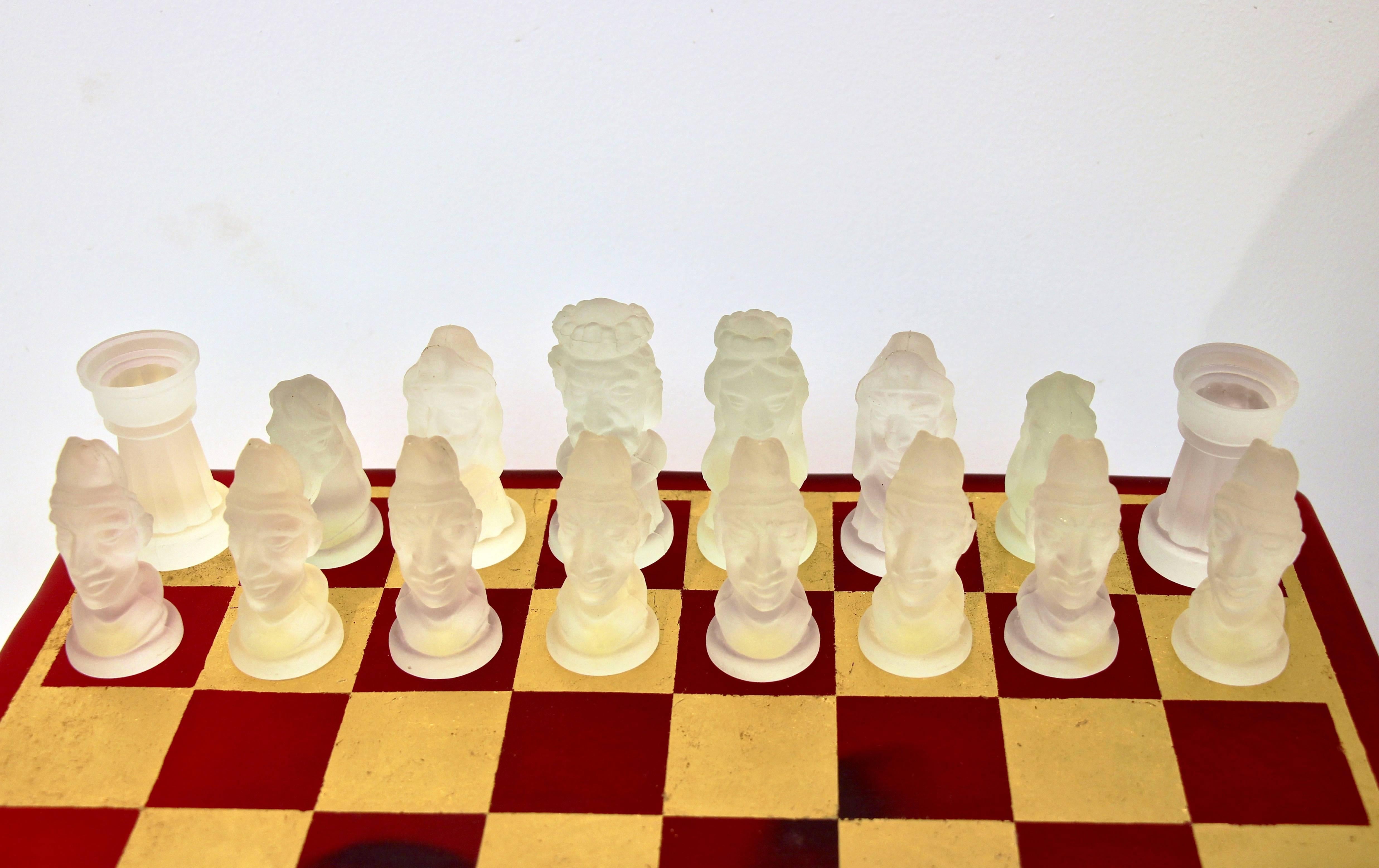Hand-Crafted 1980s Nason & Toso White and Black Murano Glass Chess Set on Red and Gold Board