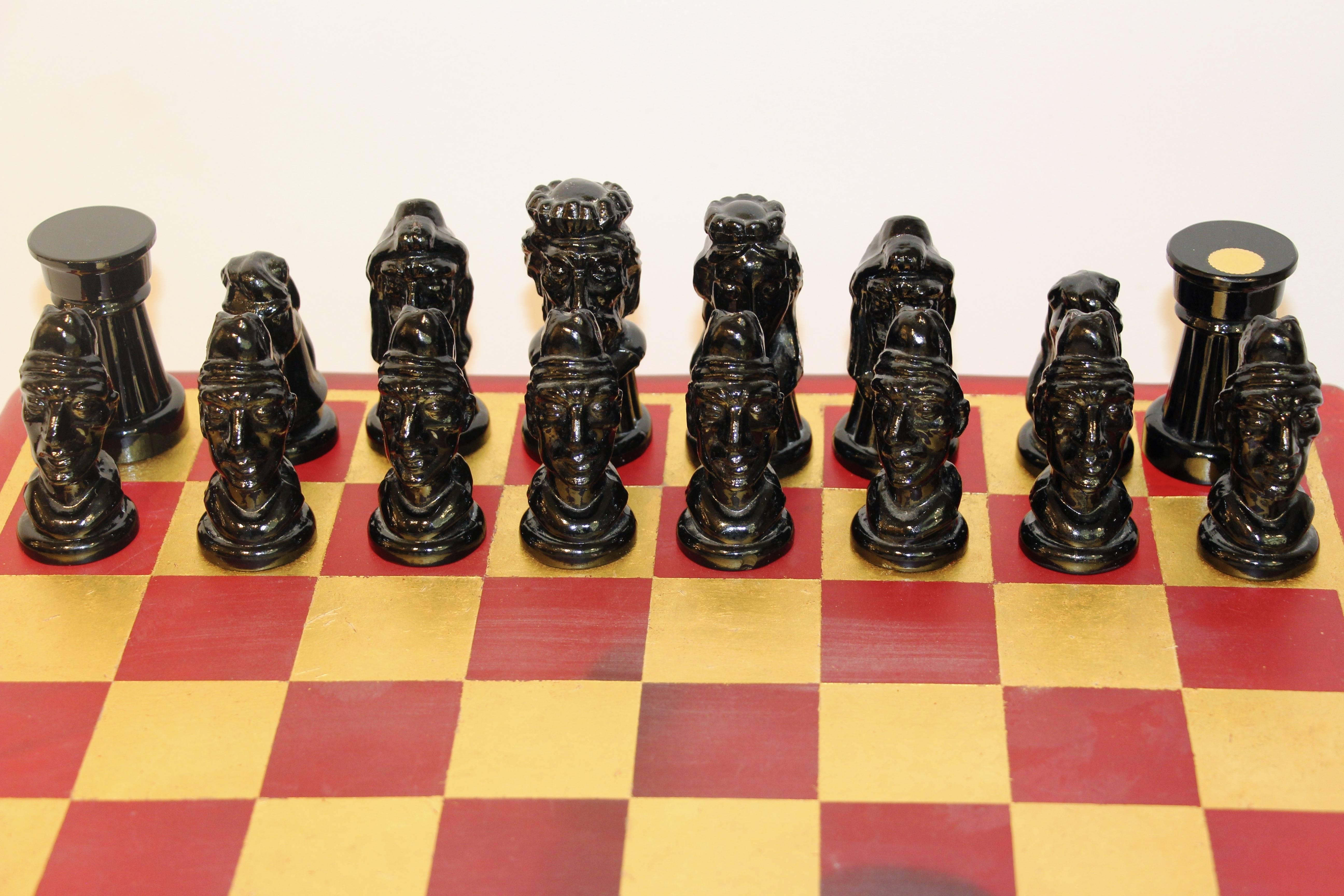 Italian 1980s Nason & Toso White and Black Murano Glass Chess Set on Red and Gold Board