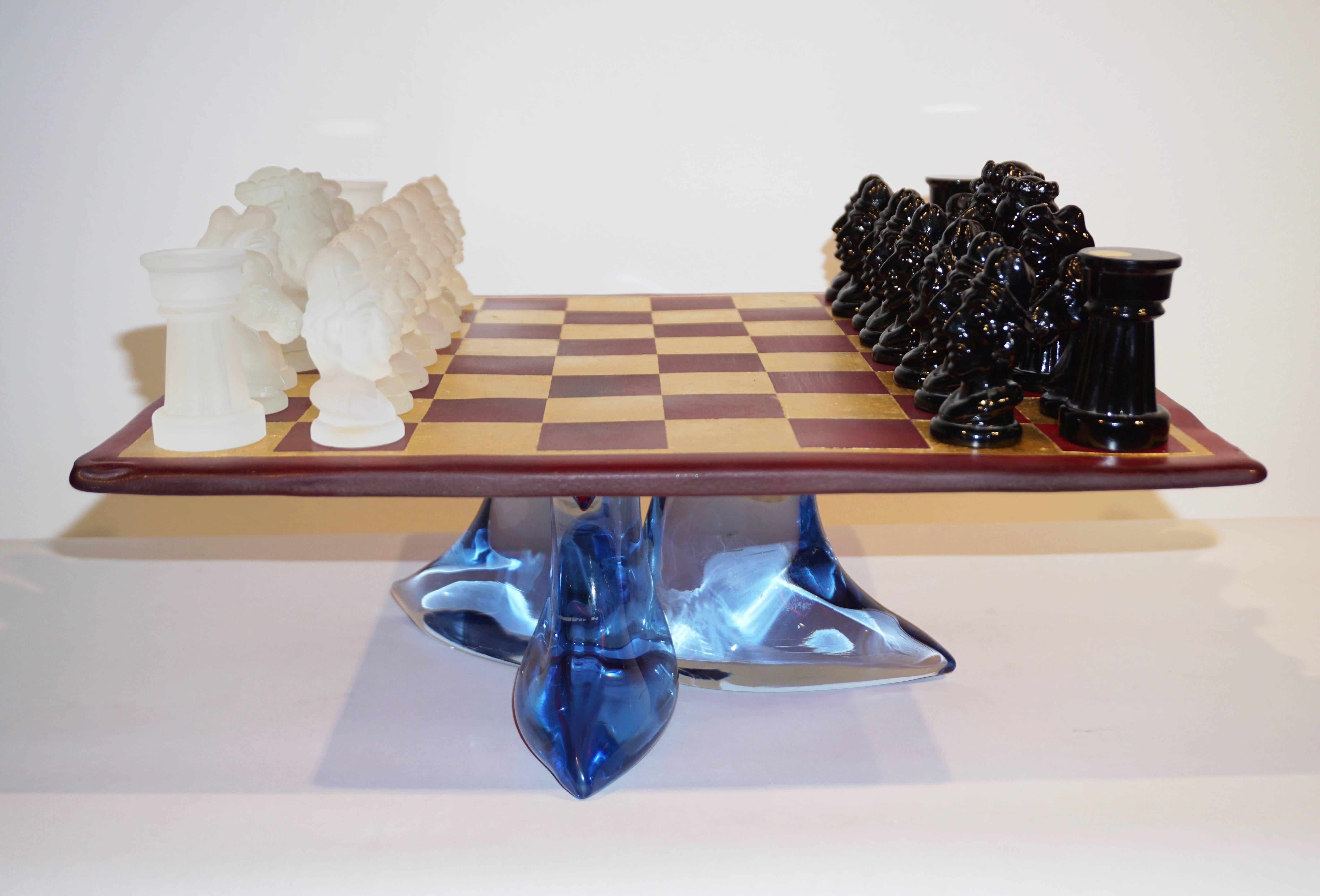 Late 20th Century 1980s Nason & Toso White and Black Murano Glass Chess Set on Red and Gold Board