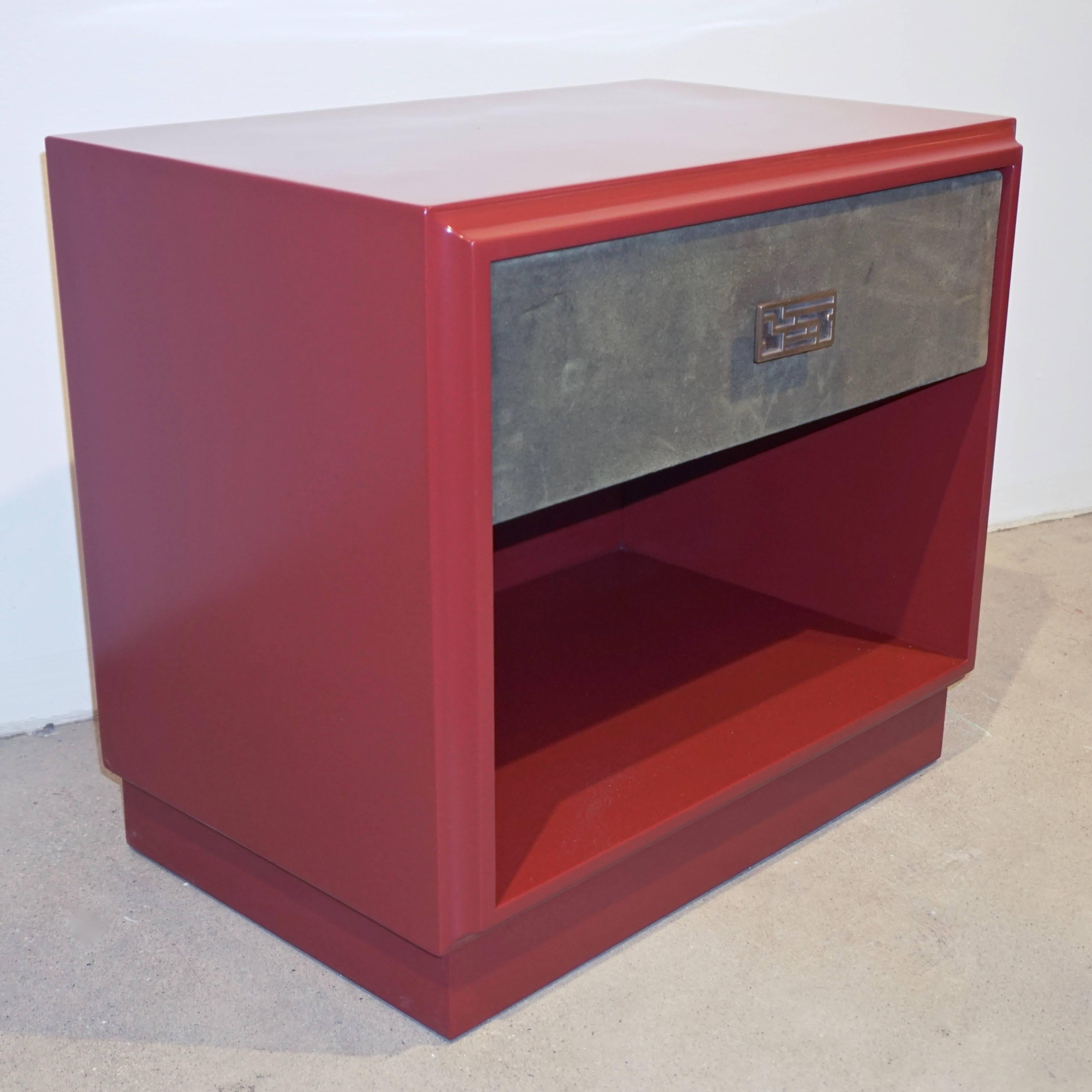 Hand-Crafted 1970s Italian Green Leather Burgundy Side Tables with Mirror and Bronze Accents