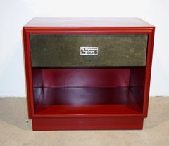 1970s Italian Green Leather Burgundy Side Tables with Mirror and Bronze Accents