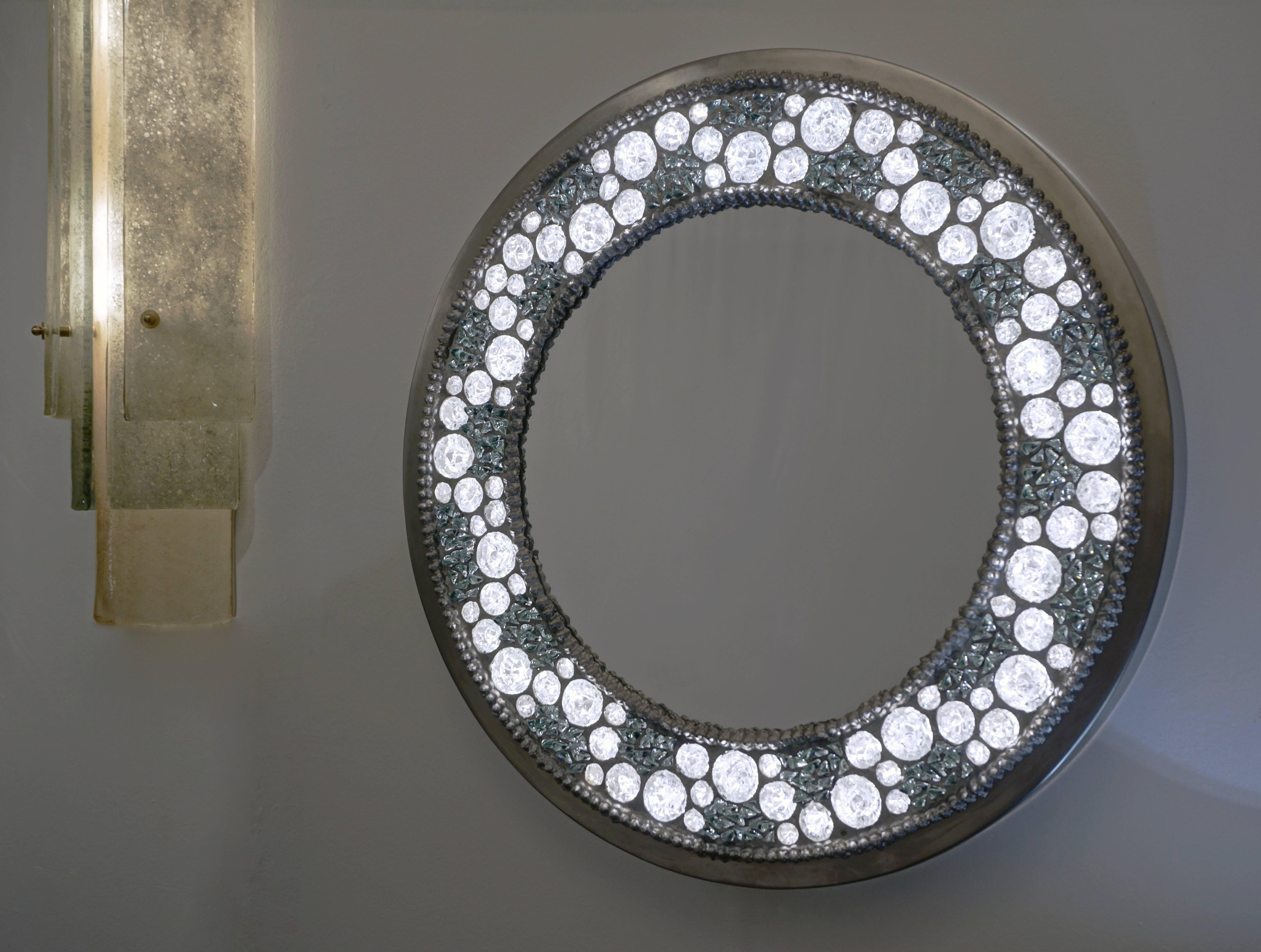 Contemporary Fine Design Italian Lit Black and Clear Rock Crystal Nickel Mirror In Excellent Condition For Sale In New York, NY