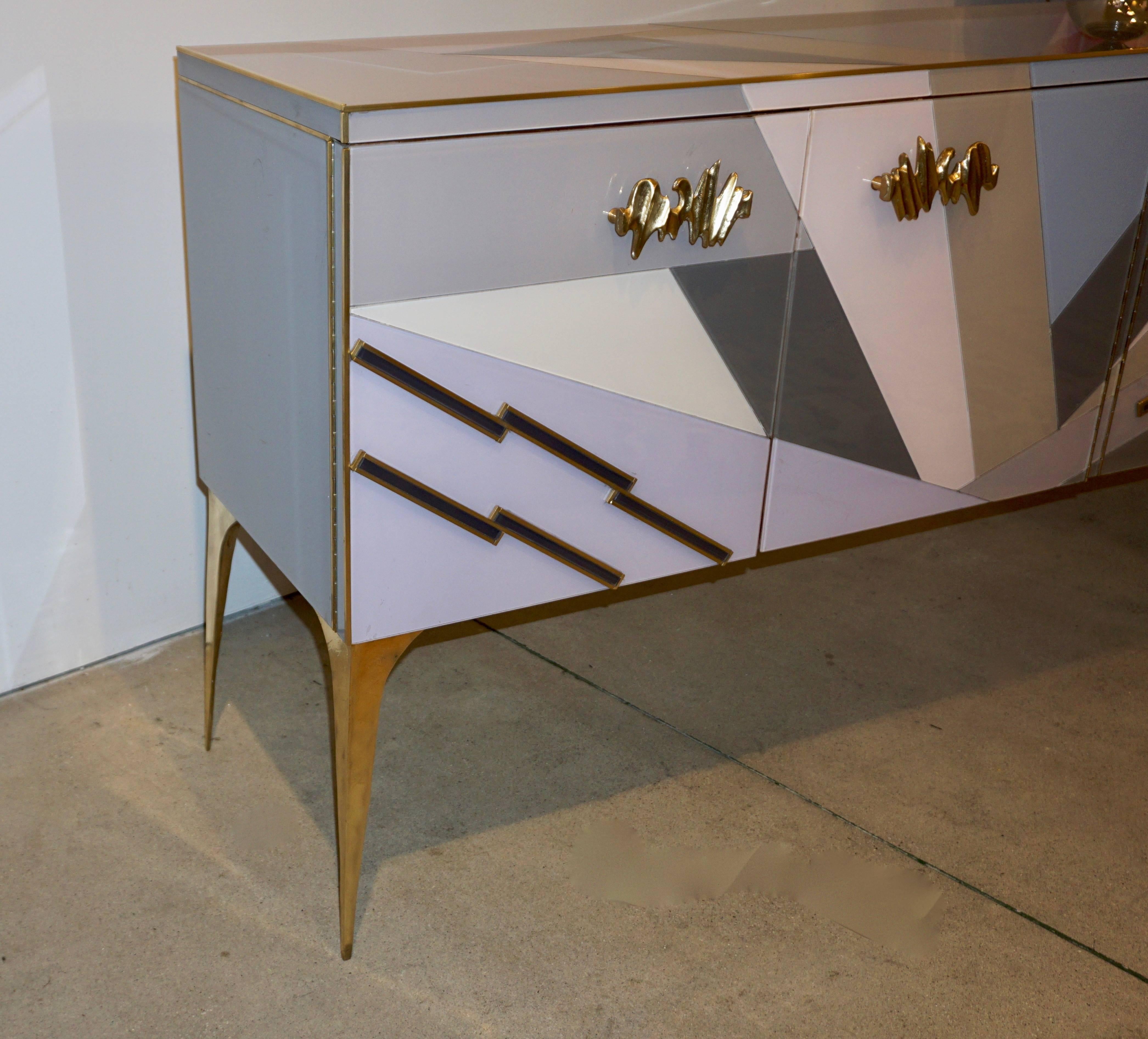 Bronze Contemporary Italian Pop Design Purple Blue Gray White Glass Sideboard / Cabinet