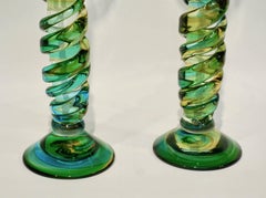Cenedese 1970s Vintage Italian Yellow Green Aqua Blue Murano Glass Candlesticks