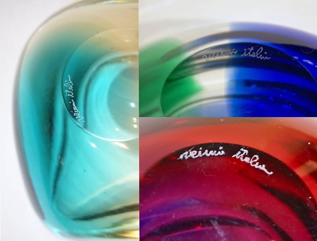 Venini 1970s Italian Murano Glass Geometric Oval Blue Green Murano Glass Bowl 1