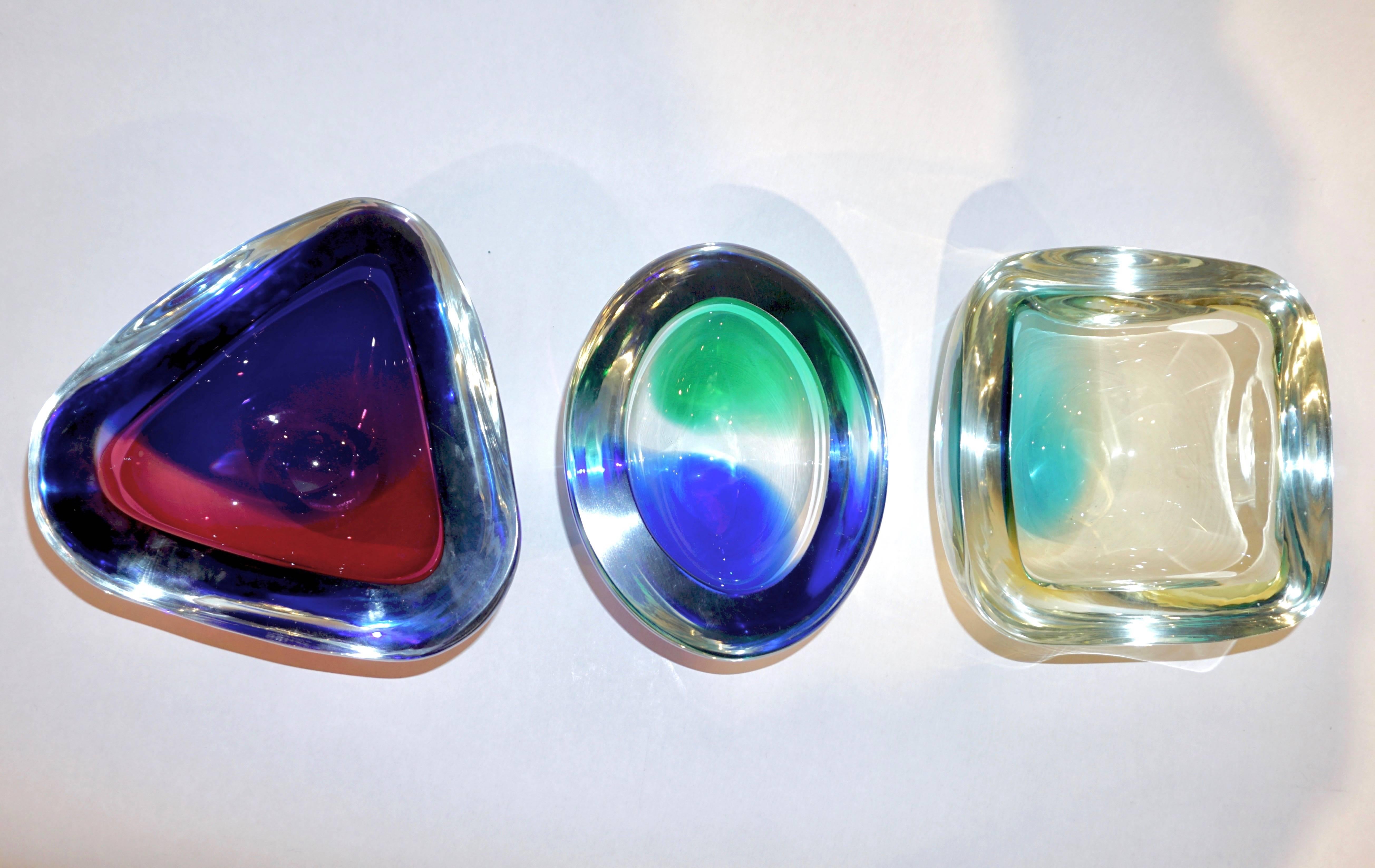 Venini 1970s Italian Murano Glass Geometric Oval Blue Green Murano Glass Bowl 3