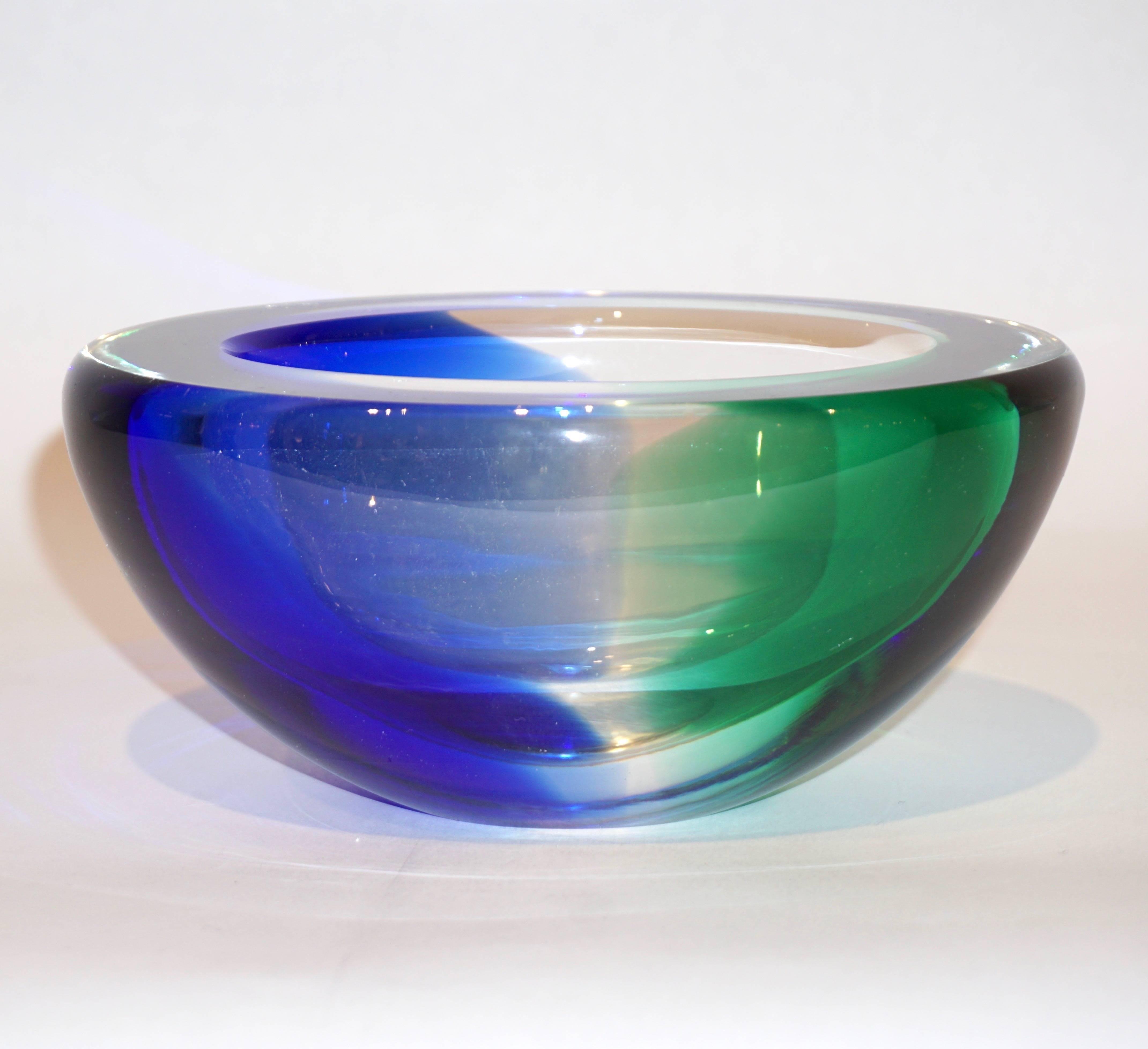 Organic Modern Venini 1970s Italian Murano Glass Geometric Oval Blue Green Murano Glass Bowl