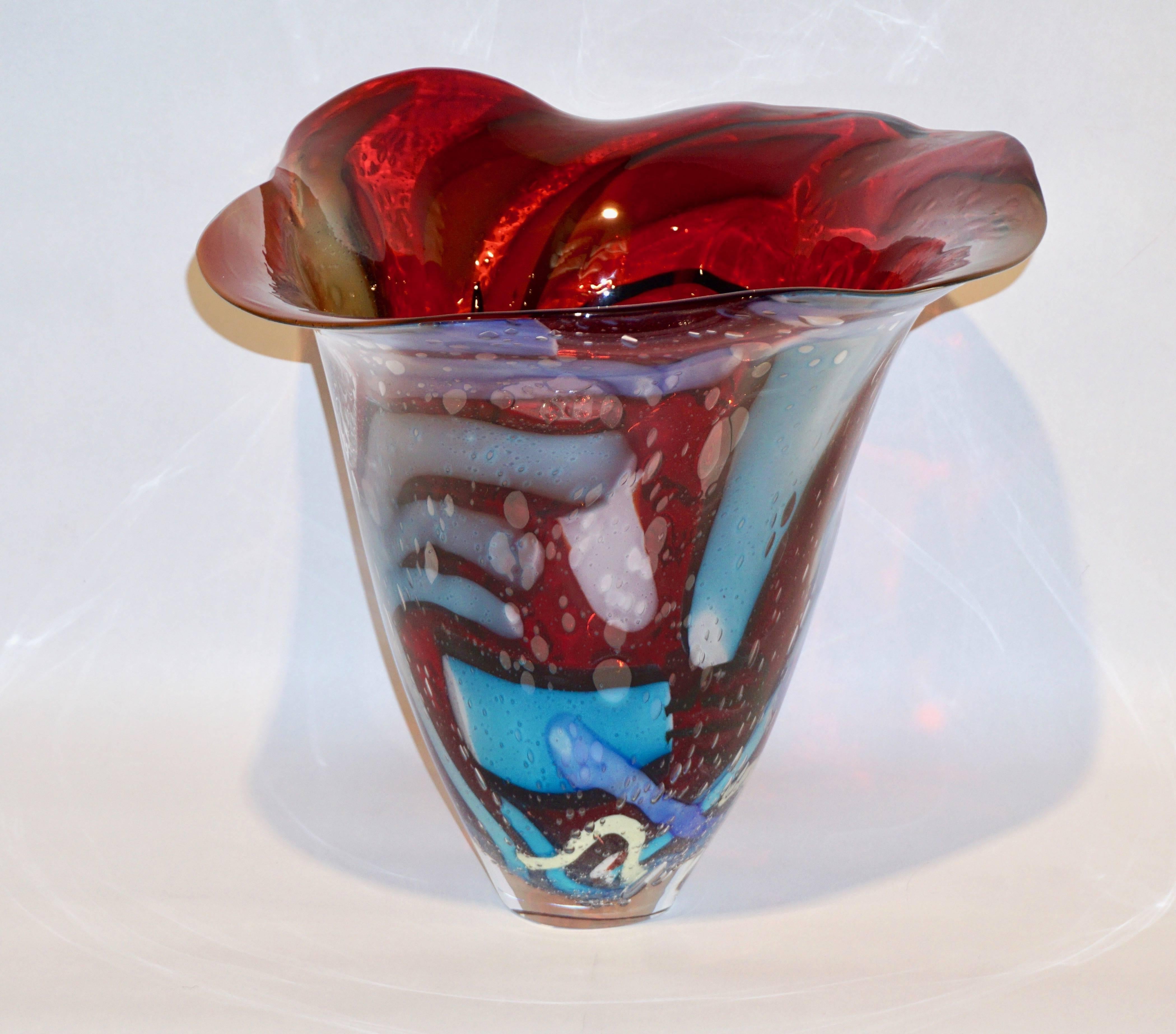 Hand-Crafted Davide Dona Modern Art Red Azure Blue White Murano Glass Sculptural Vase / Bowl