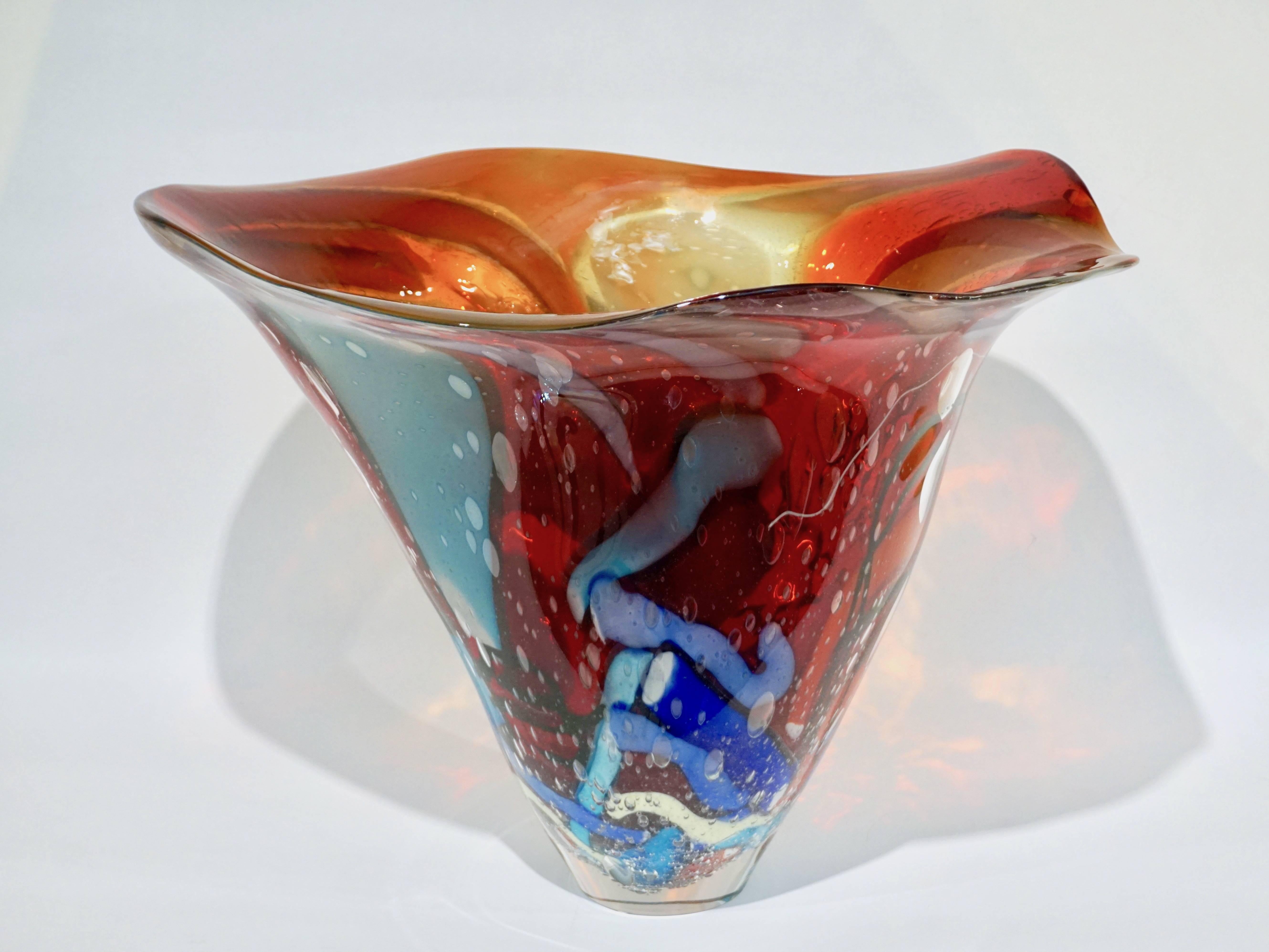 Contemporary Davide Dona Modern Art Red Azure Blue White Murano Glass Sculptural Vase / Bowl