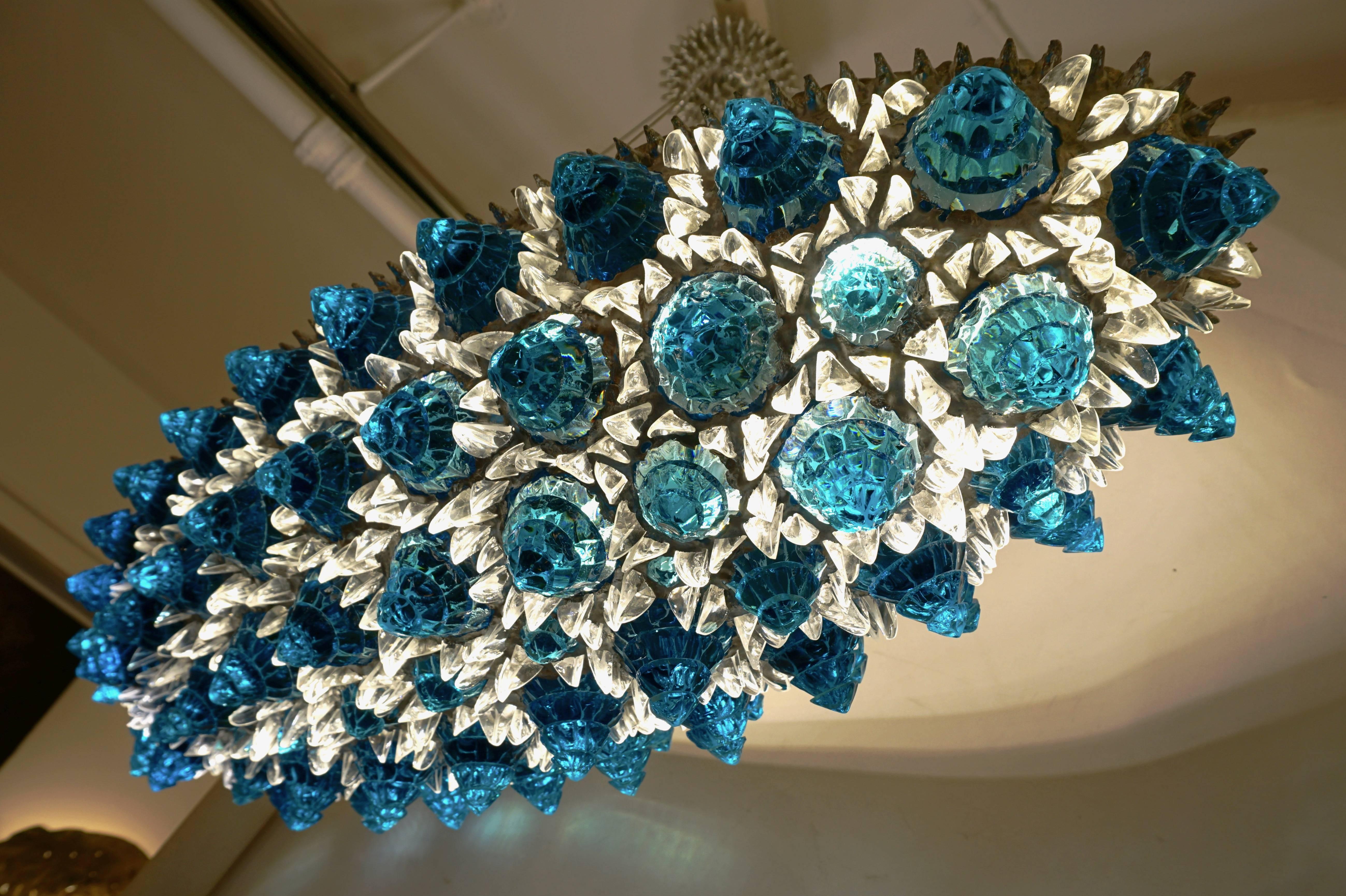 Hand-Crafted Contemporary Italian Turquoise Blue & Clear Glass Oval Silver Flush/Chandelier For Sale