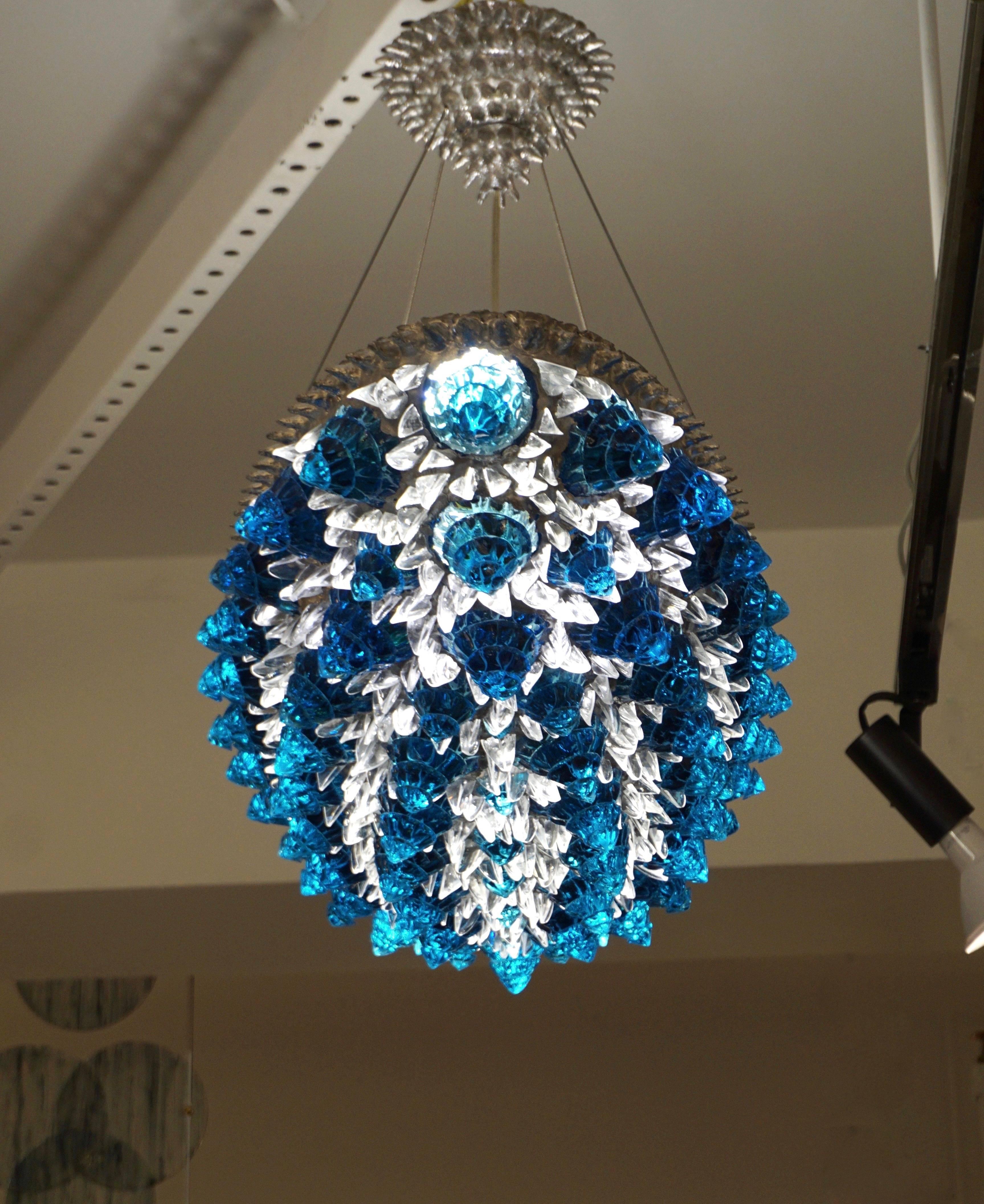 Art Glass Contemporary Italian Turquoise Blue & Clear Glass Oval Silver Flush/Chandelier For Sale