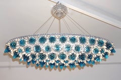 Contemporary Italian Turquoise Blue & Clear Glass Oval Silver Flush/Chandelier