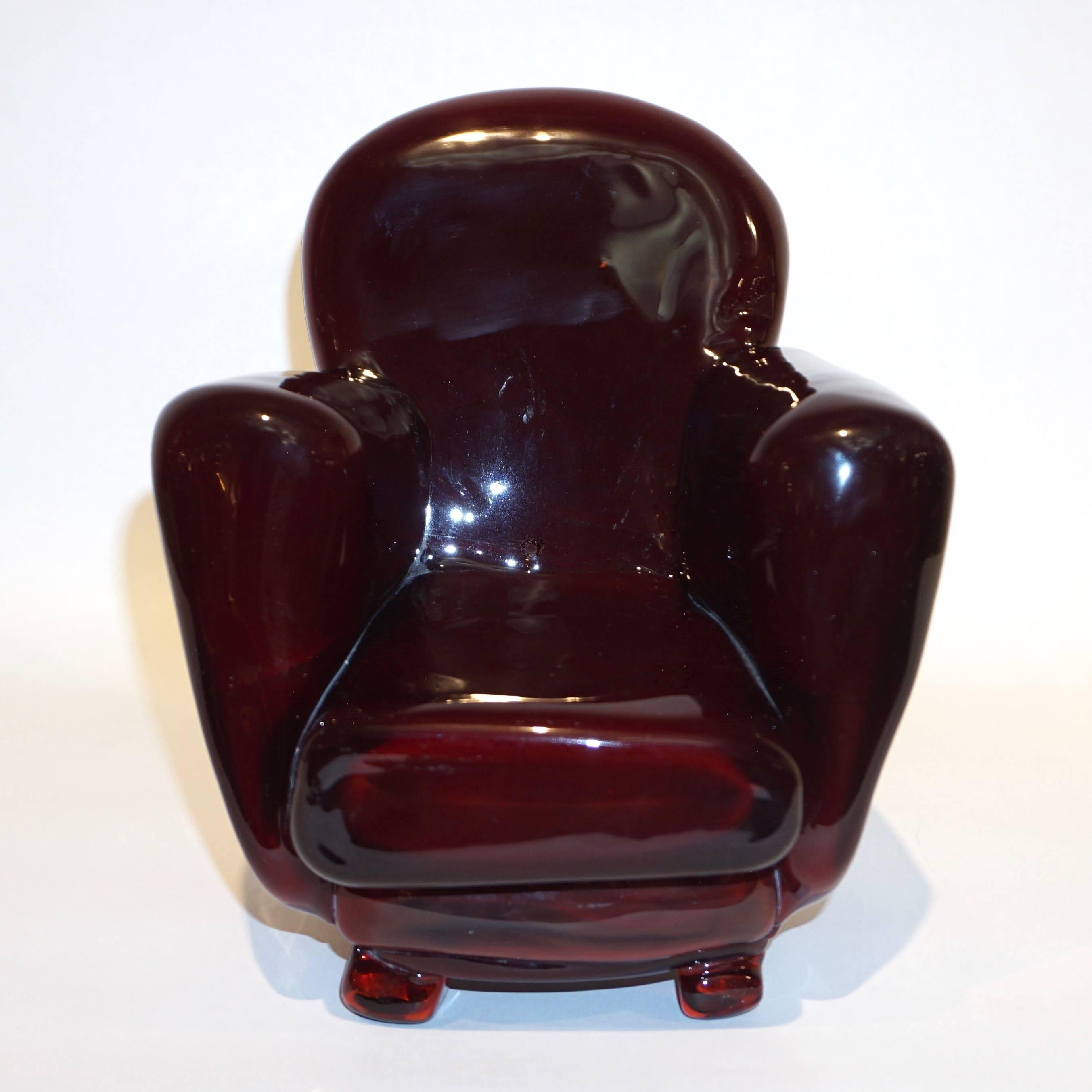 Hand-Crafted Pino Signoretto 1980s Italian Burgundy Red Murano Glass Miniature Armchair For Sale