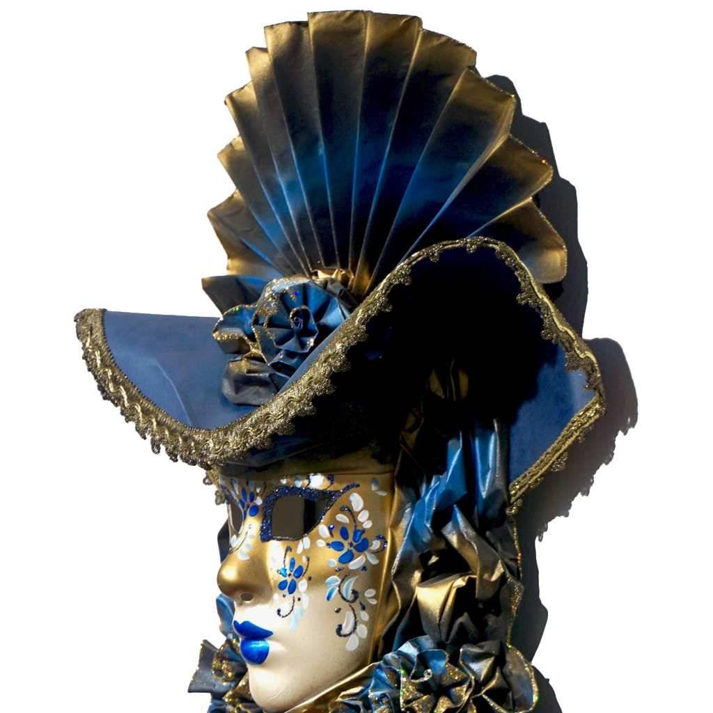 Italian Modern Venetian Carnival Handmade Blue Mask with Flower Pleated Jabot In Excellent Condition In New York, NY