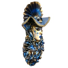 Italian Modern Venetian Carnival Handmade Blue Mask with Flower Pleated Jabot