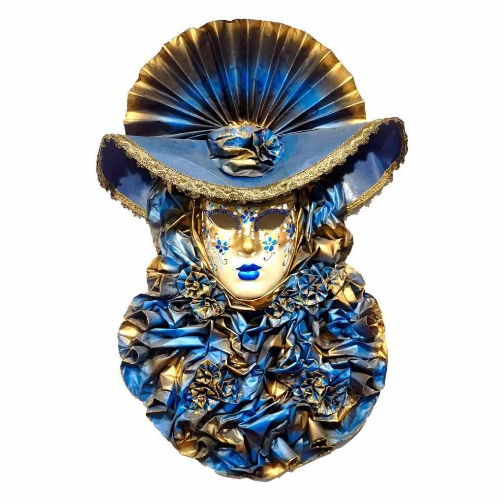 Hand-Painted Italian Modern Venetian Carnival Handmade Blue Mask with Flower Pleated Jabot